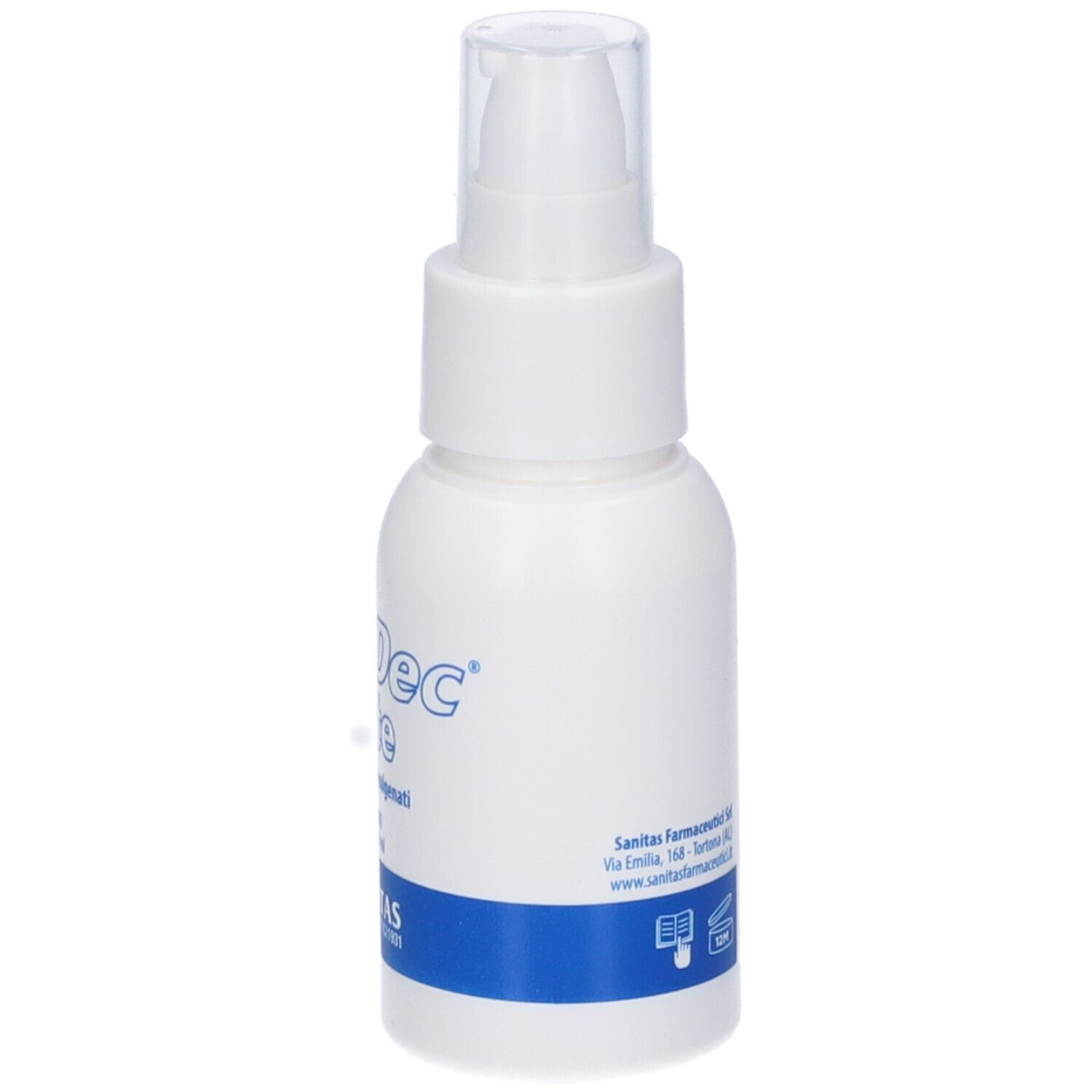 Flacone bianco SineDec Latte con erogatore. Scritta blu. Sanitas Farmaceutici. Contiene 60 ml.