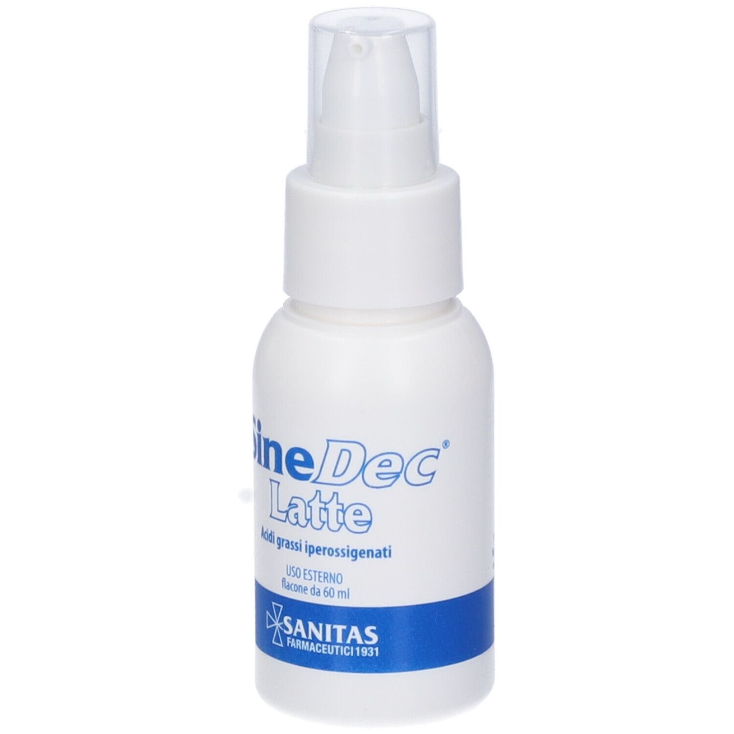 Flacone bianco SineDec Latte con erogatore. Scritta blu. Sanitas Farmaceutici. Contiene 60 ml.