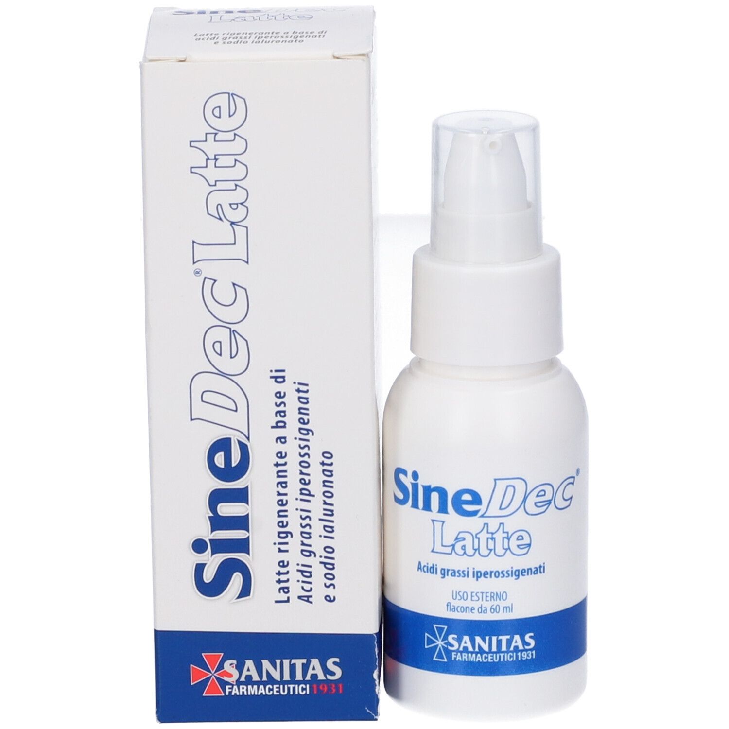 Flacone bianco SineDec Latte con erogatore e confezione. Scritta blu. Sanitas Farmaceutici. 60 ml.
