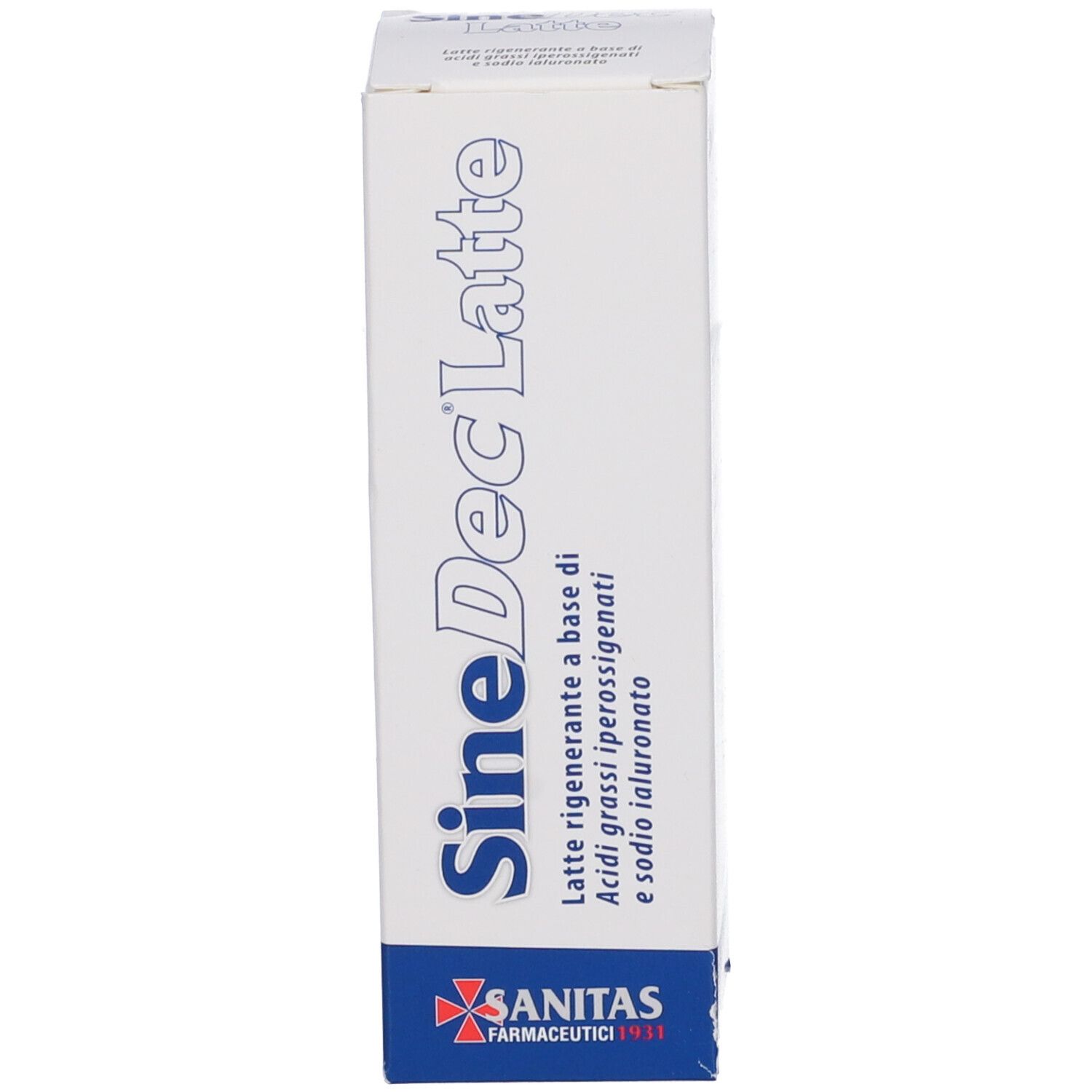 Confezione SineDec Latte. Scritta blu. Sanitas Farmaceutici.