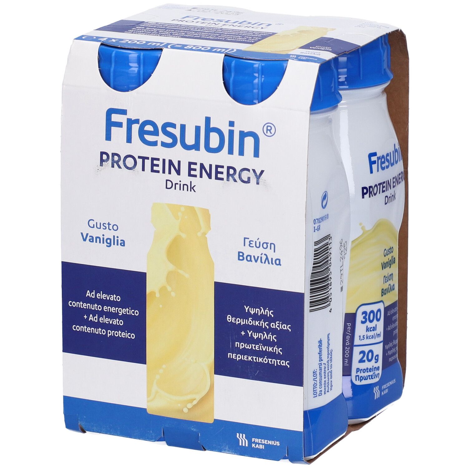Confezione da quattro bottiglie di Fresubin Protein Energy Drink Vaniglia. Tappi blu, bottiglie bianche stampate. Imballaggio in cartone.