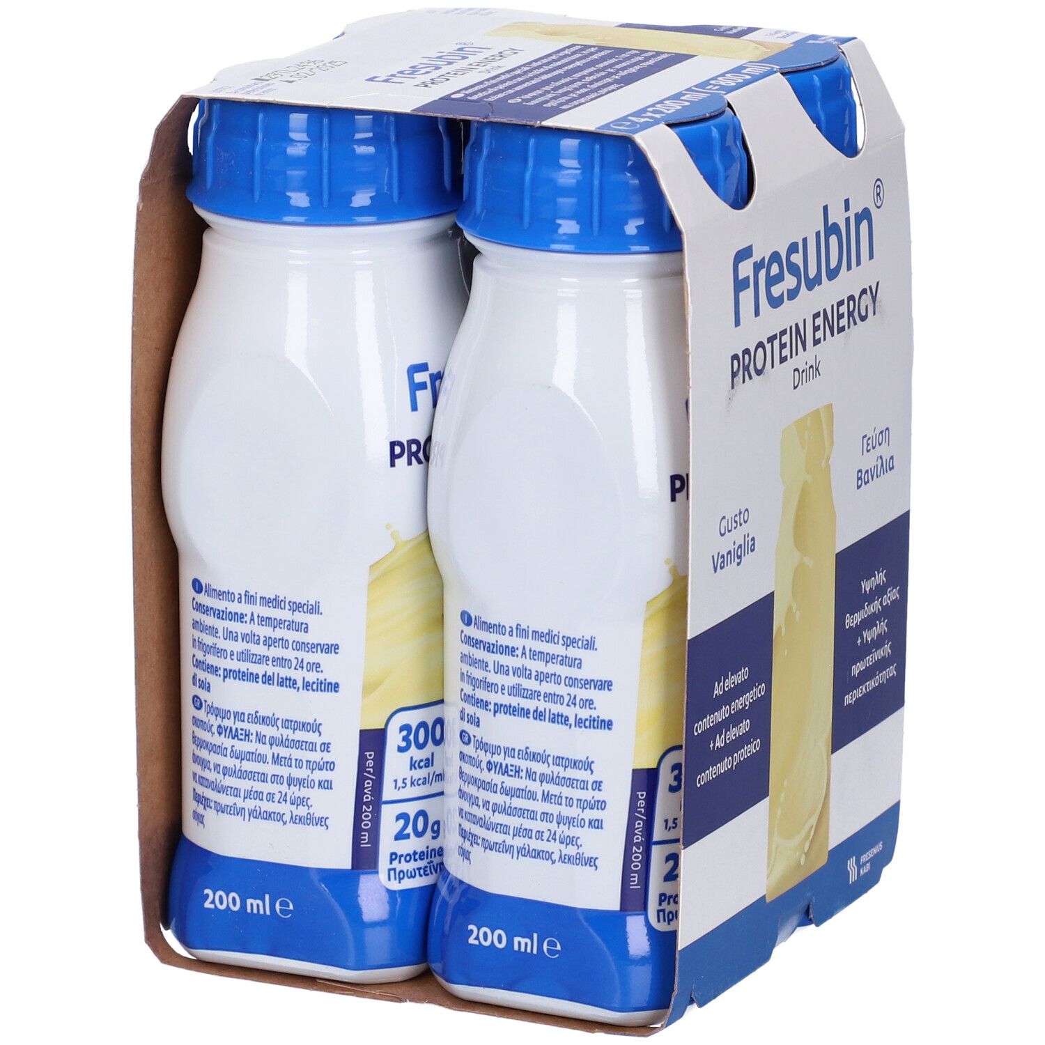Confezione da quattro bottiglie di Fresubin Protein Energy Drink Vaniglia. Due bottiglie visibili. Tappi blu, bottiglie bianche. Cartone.