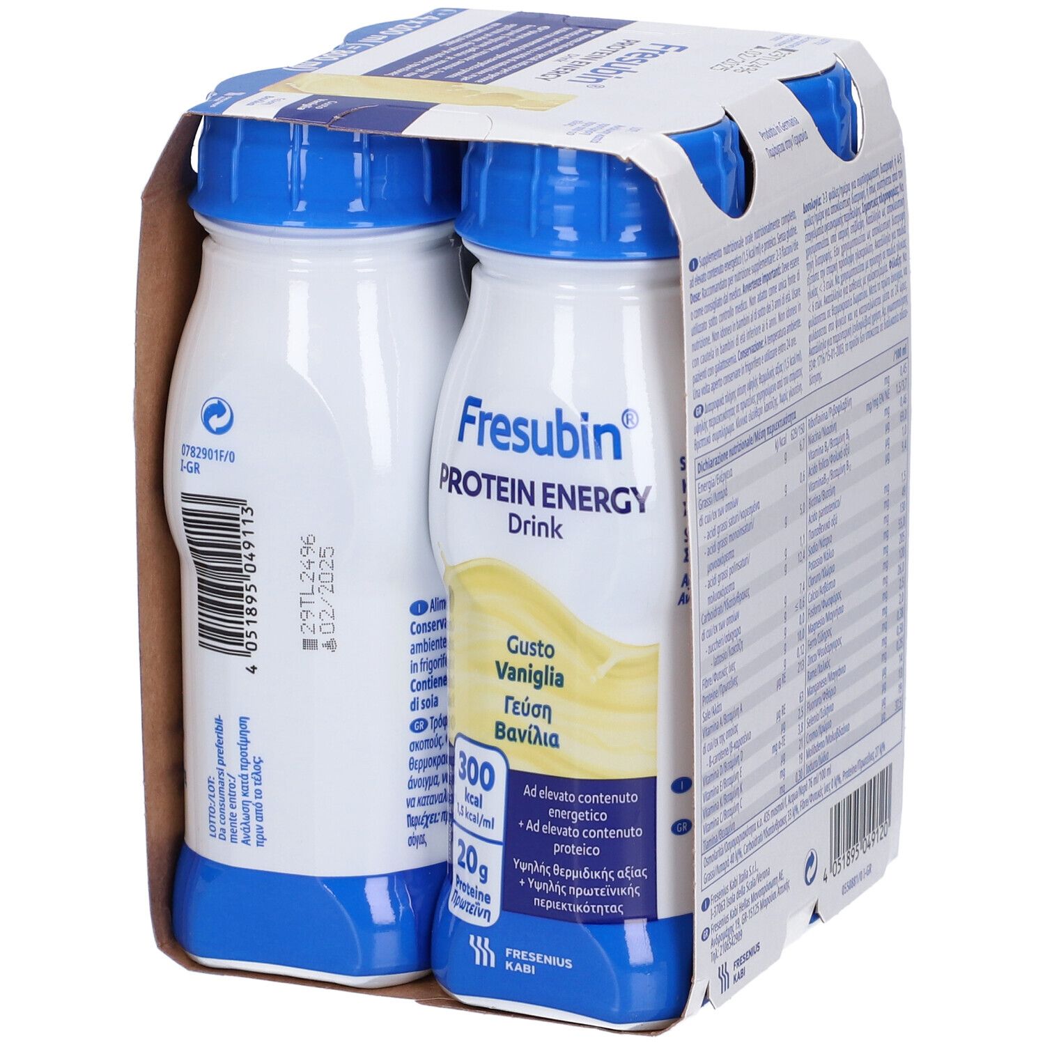 Confezione da quattro bottiglie di Fresubin Protein Energy Drink Vaniglia. Due bottiglie visibili. Tappi blu, bottiglie bianche. Cartone.