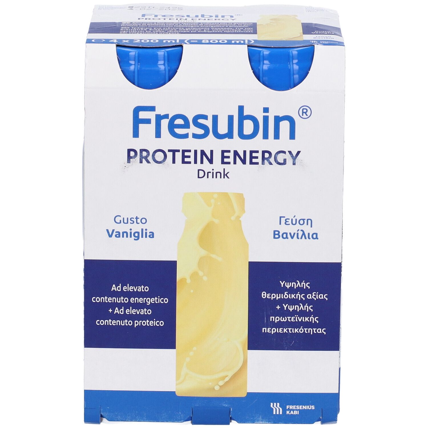 Vista frontale della confezione di Fresubin Protein Energy Drink Vaniglia. Quattro bottiglie visibili. Tappi blu, bottiglie bianche. Cartone.