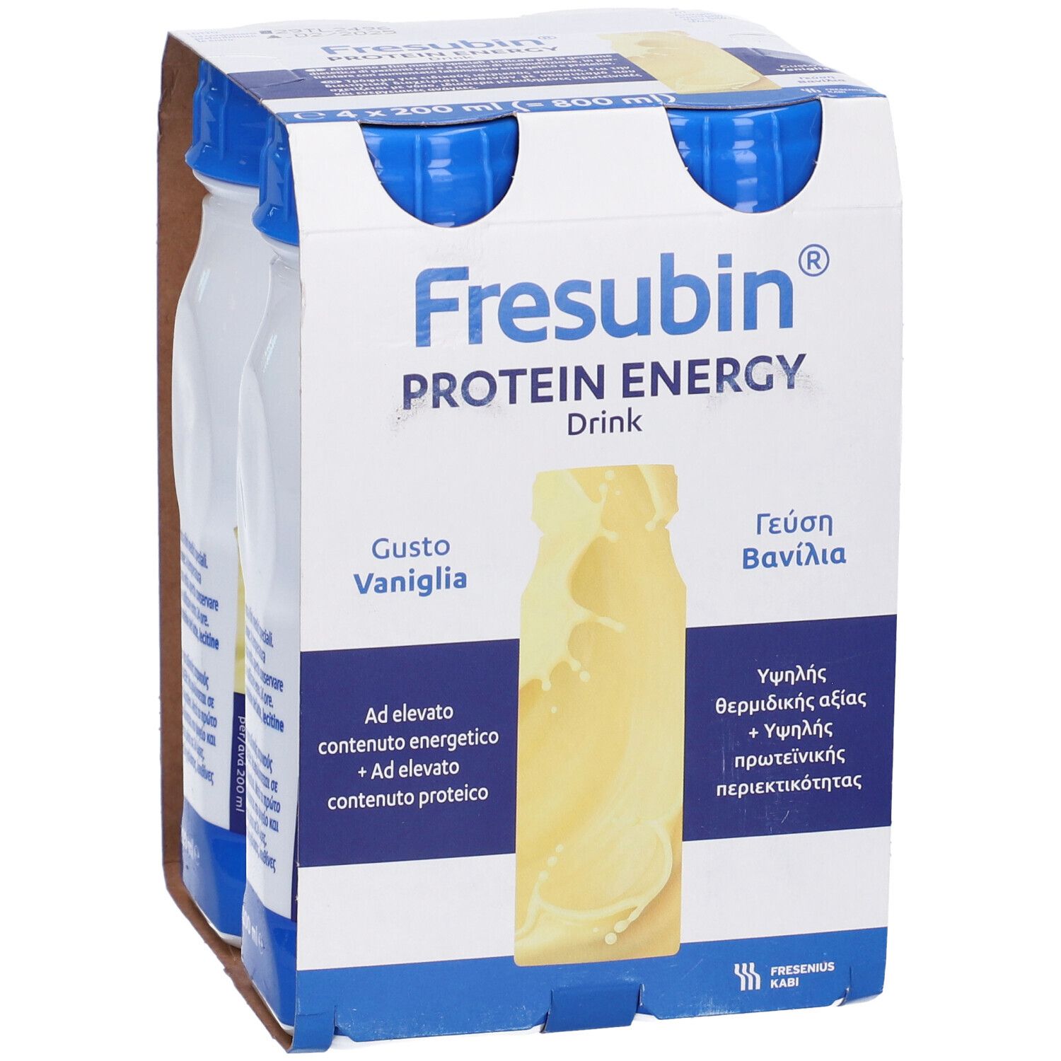 Confezione da quattro bottiglie di Fresubin Protein Energy Drink Vaniglia. Due bottiglie visibili. Tappi blu, bottiglie bianche. Cartone.