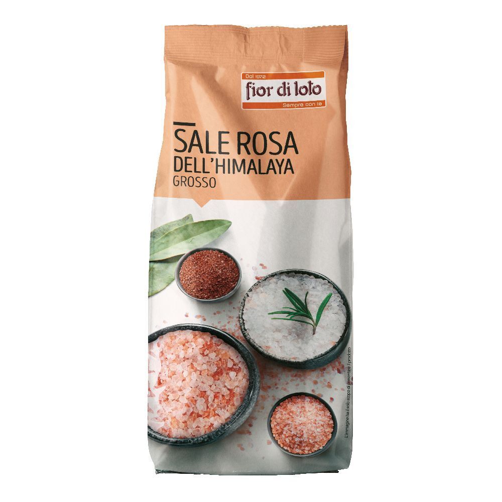 Confezione di sale rosa grosso dell'Himalaya. Marchio: fior di lolo. Immagini di campioni di sale.