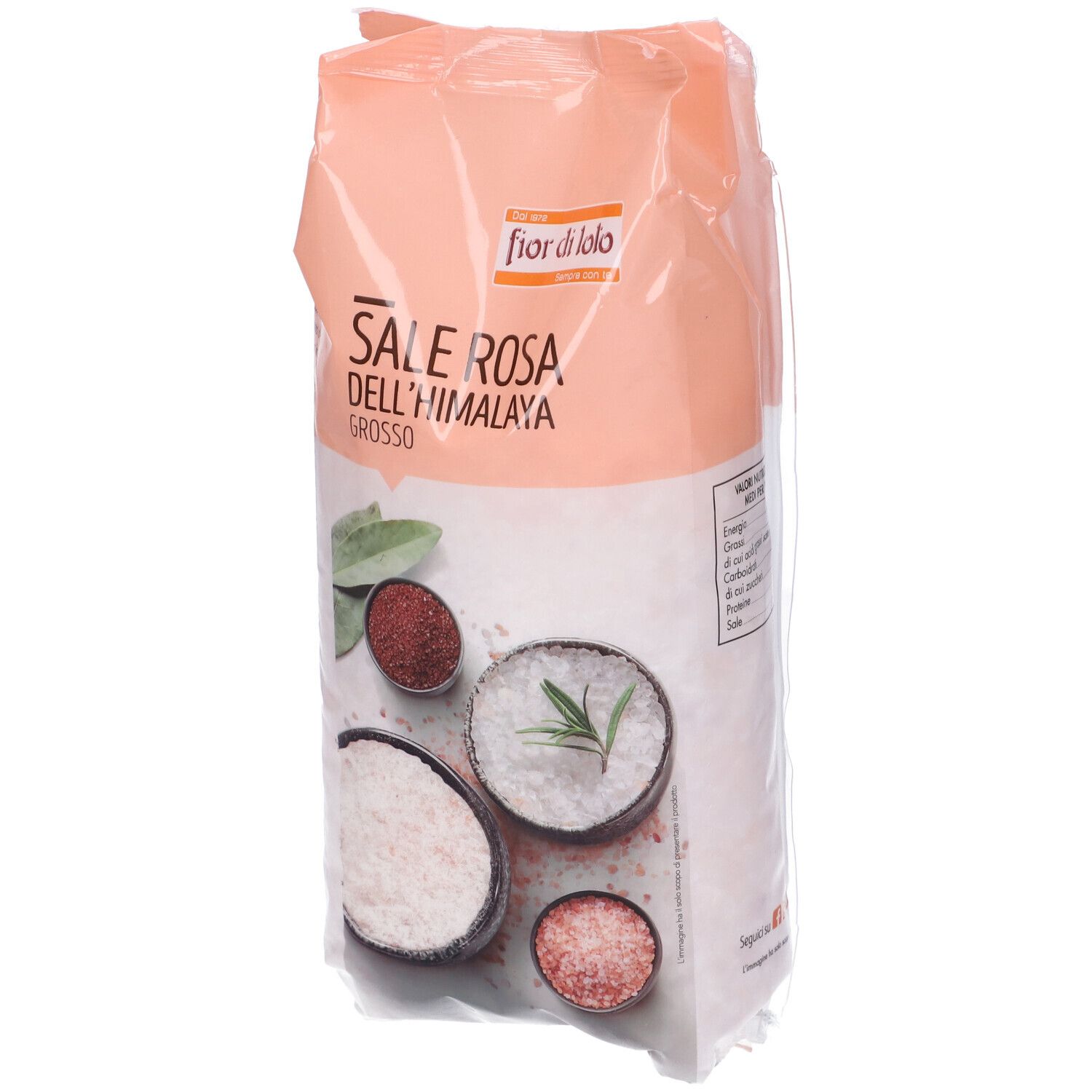 Confezione di sale rosa grosso dell'Himalaya. Marchio: fior di lolo. Confezione trasparente.