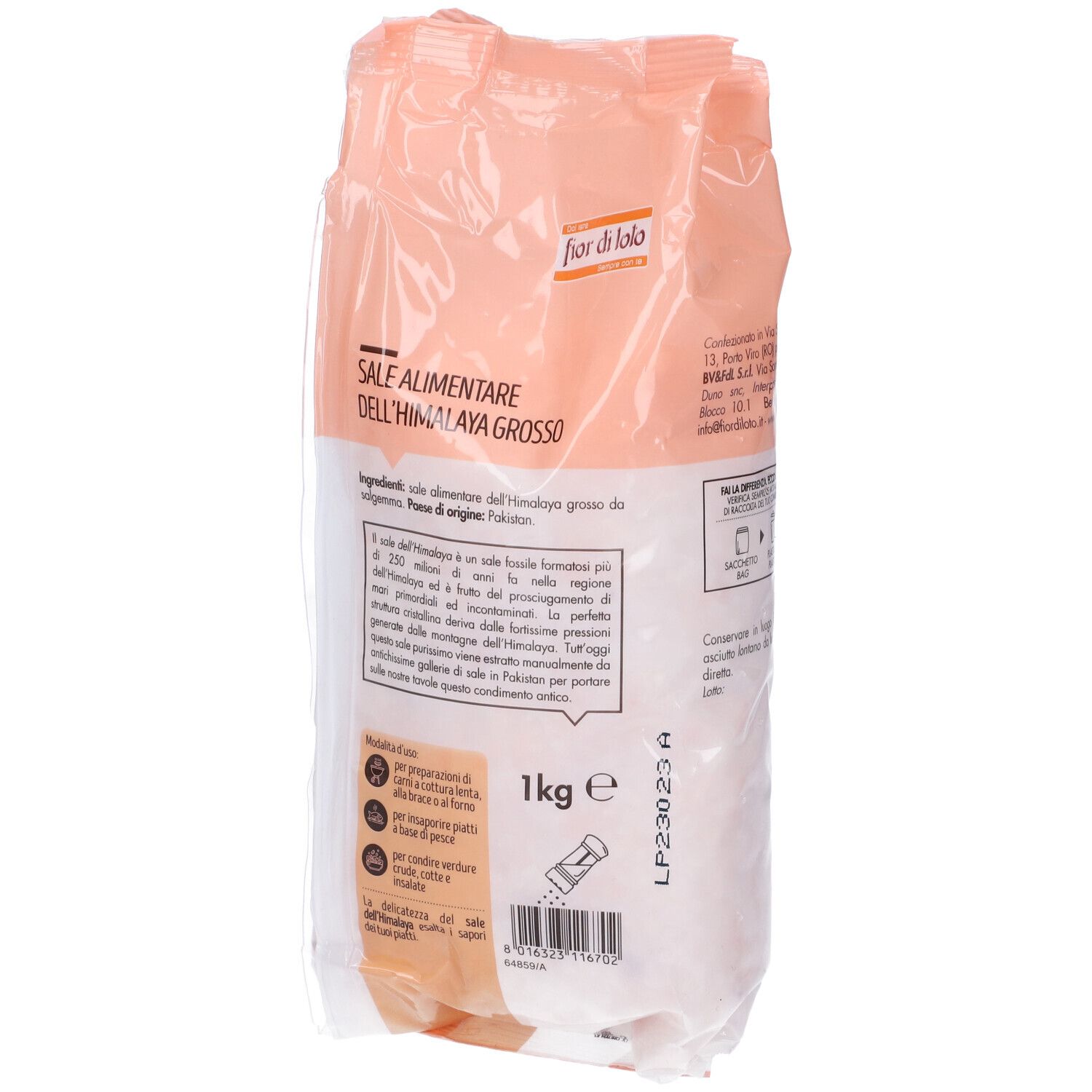 Confezione di sale rosa grosso dell'Himalaya. Marchio: fior di lolo. Retro con informazioni.