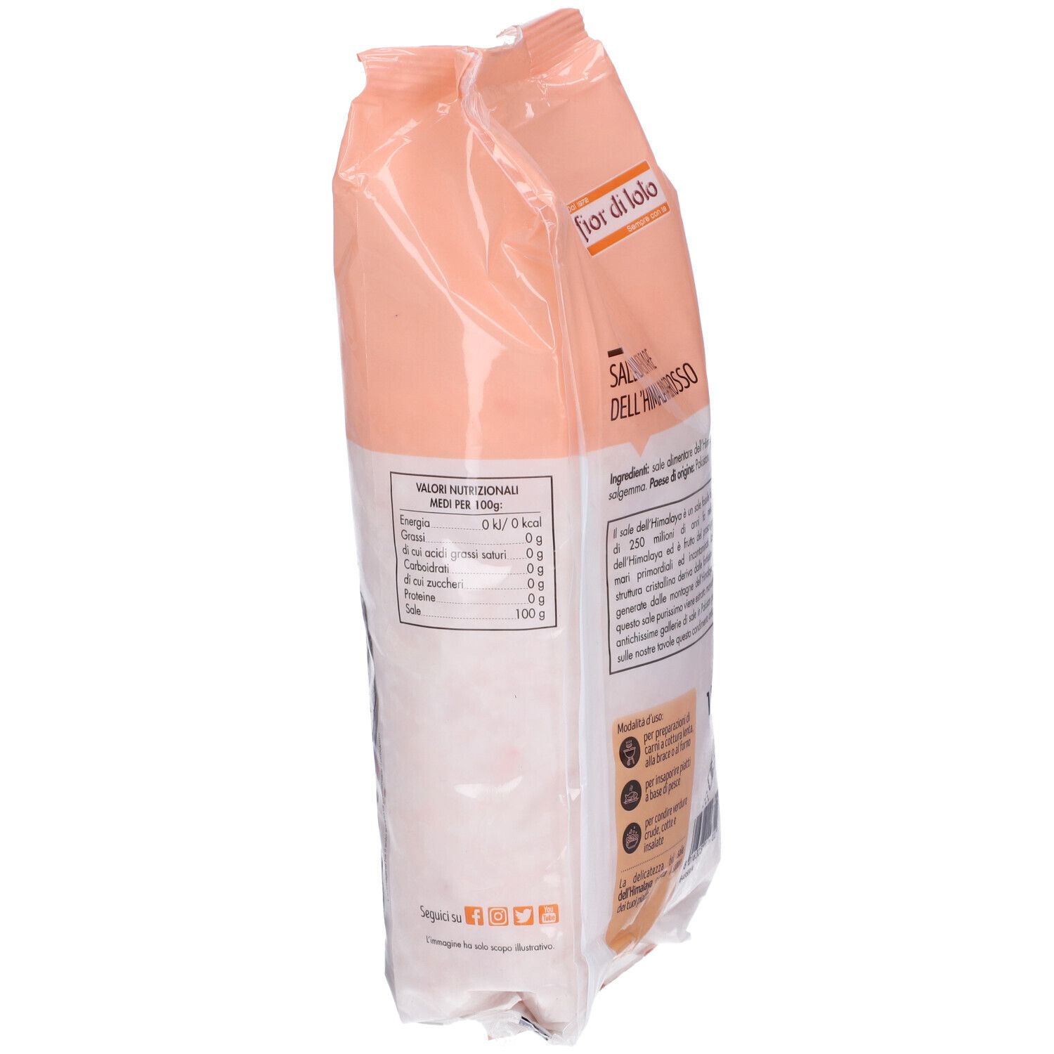 Confezione di sale rosa grosso dell'Himalaya. Marchio: fior di lolo. Retro con informazioni nutrizionali.