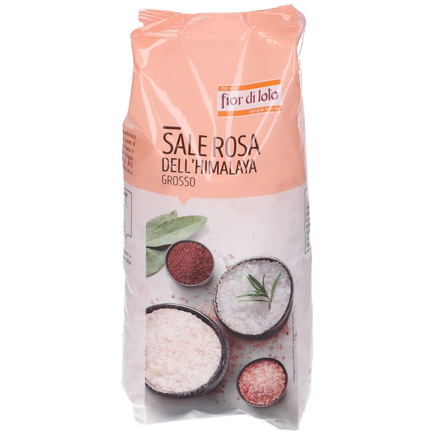 Confezione di sale rosa grosso dell'Himalaya. Marchio: fior di lolo. Immagini di campioni di sale.