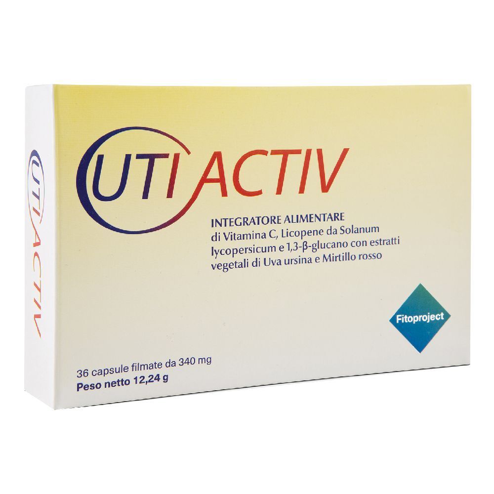 Scatola UTIACTIV. Scritta: UTIACTIV, 36 capsule, 12,24 g. Con informazioni e logo.