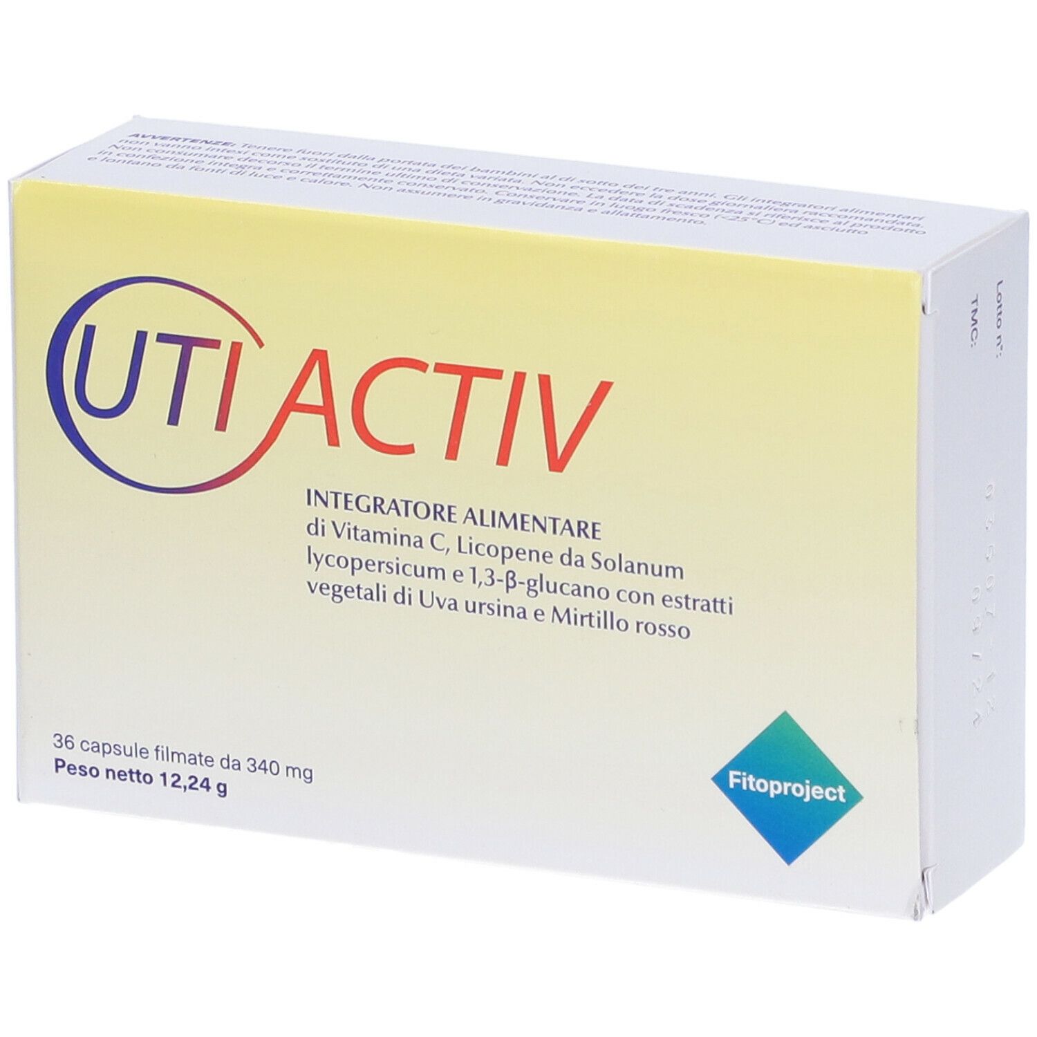 Confezione del prodotto UTIACTIV. Scritta: UTIACTIV, 36 capsule, 12,24 g. Con informazioni e logo.