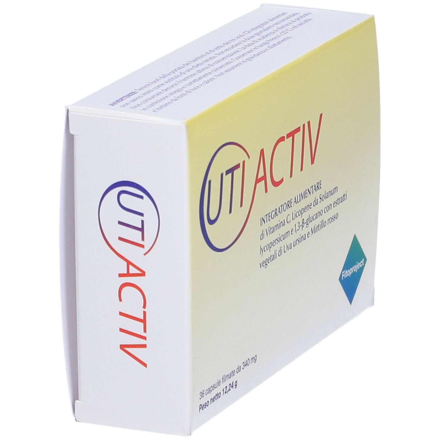 Confezione del prodotto UTIACTIV. Scritta: UTIACTIV, 36 capsule, 12,24 g. Con informazioni e logo.