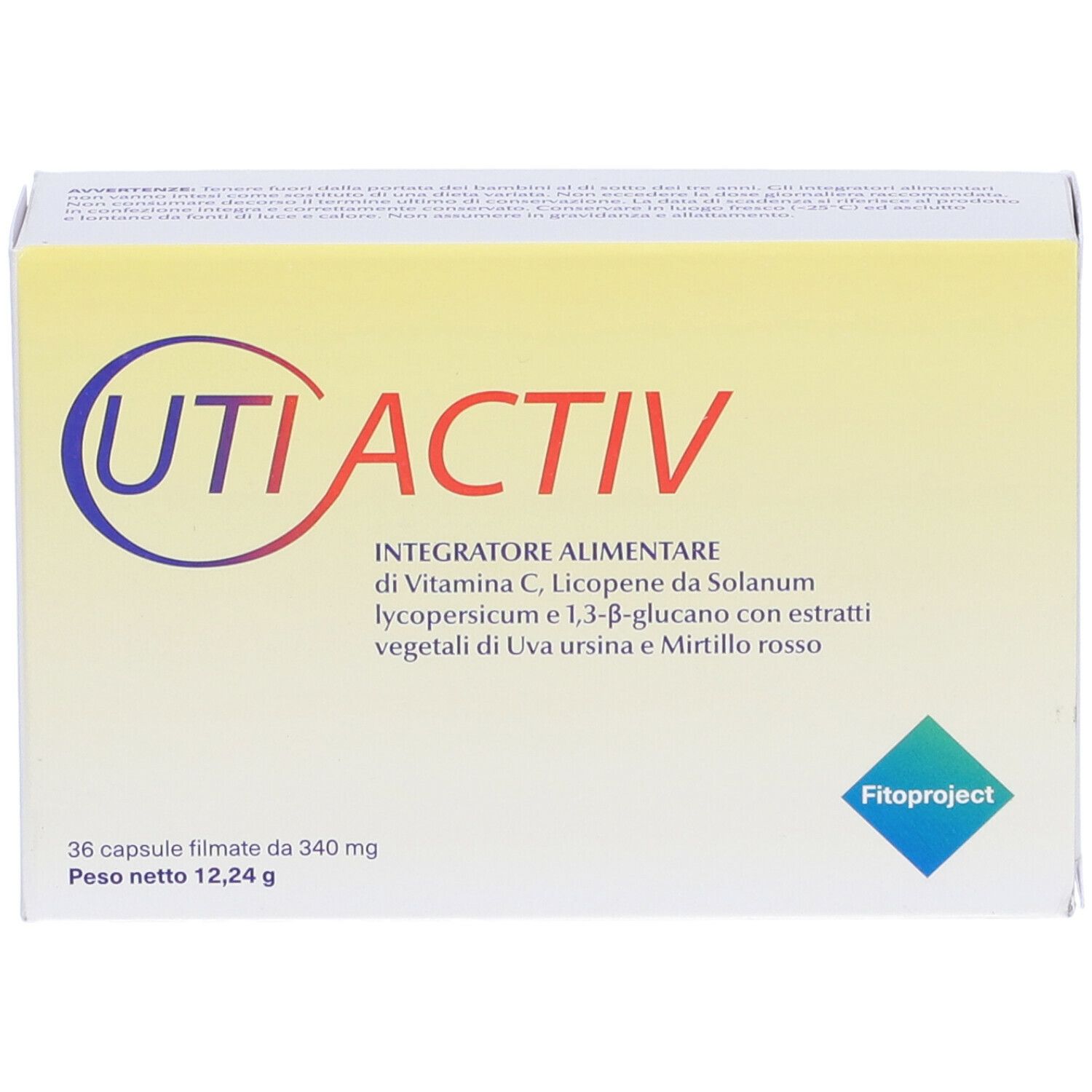 Confezione del prodotto UTIACTIV. Scritta: UTIACTIV, 36 capsule, 12,24 g. Con informazioni e logo.