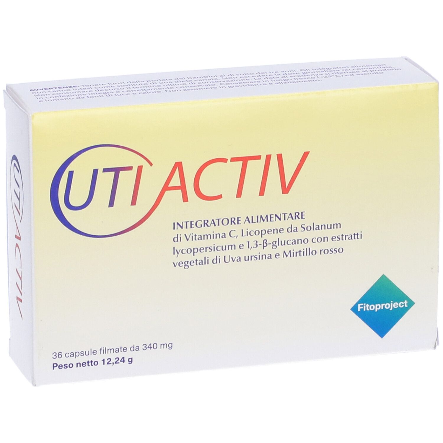 Confezione del prodotto UTIACTIV. Scritta: UTIACTIV, 36 capsule, 12,24 g. Con informazioni e logo.