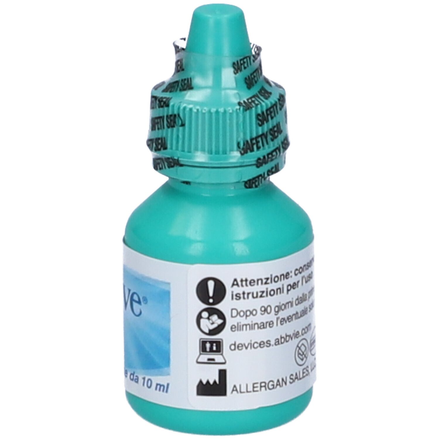 Grüne Augentropfenflasche mit Sicherheitsverschluss. Aufschrift 'optive® soluzione da 10 ml'. Warnsymbole.