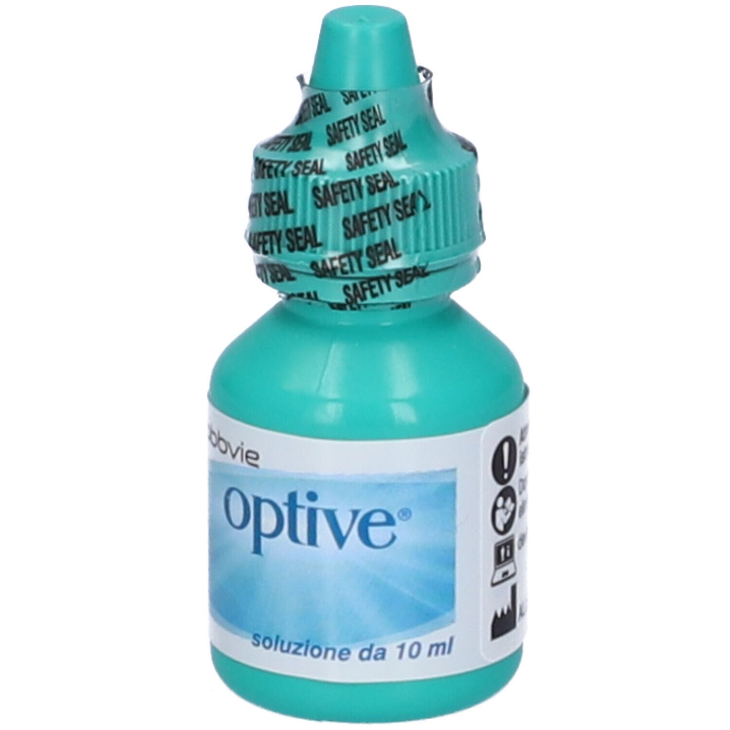 Grüne Augentropfenflasche mit Sicherheitsverschluss. Aufschrift 'optive® soluzione da 10 ml'.