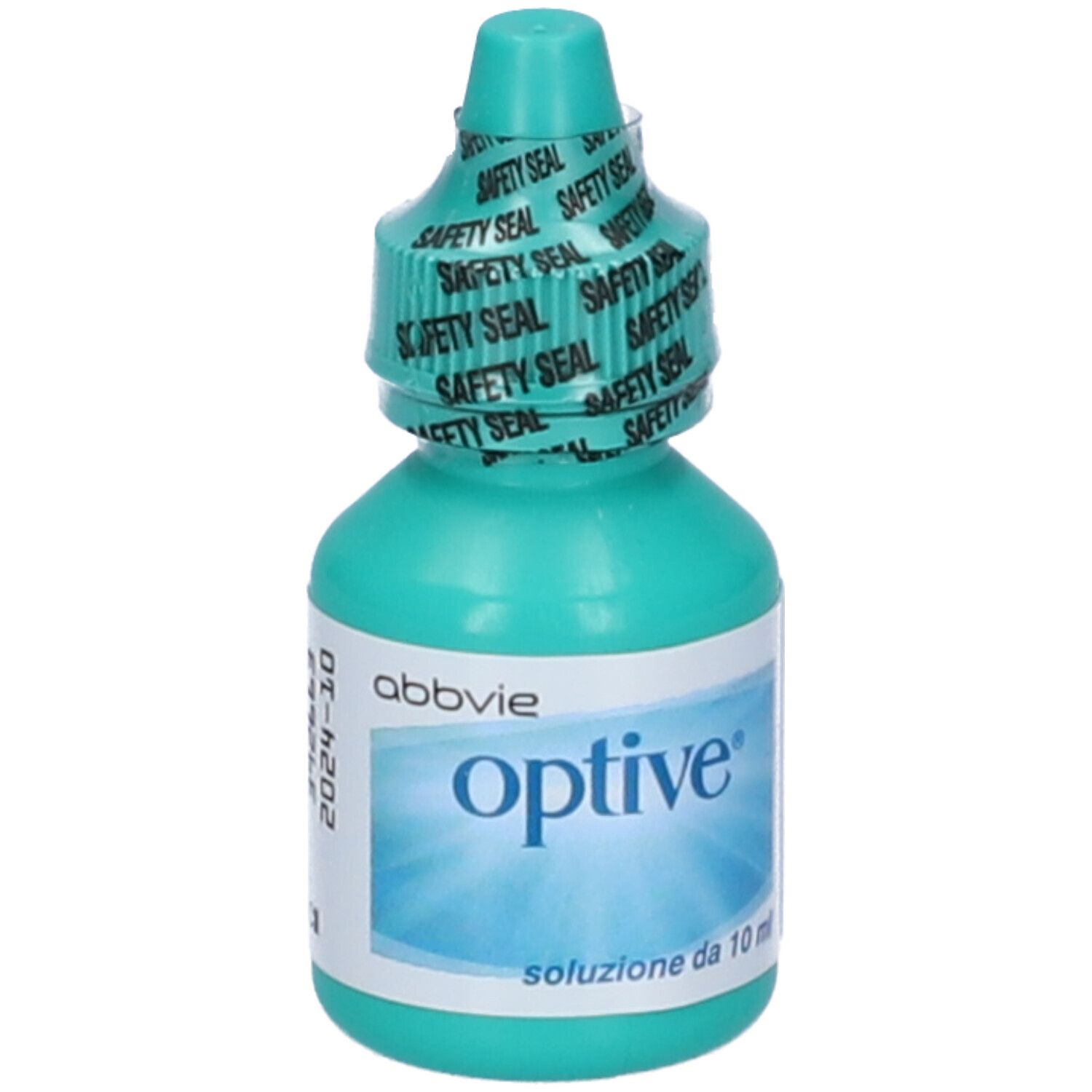 Grüne Augentropfenflasche mit Sicherheitsverschluss. Aufschrift 'optive® soluzione da 10 ml'. Haltbarkeitsdatum.