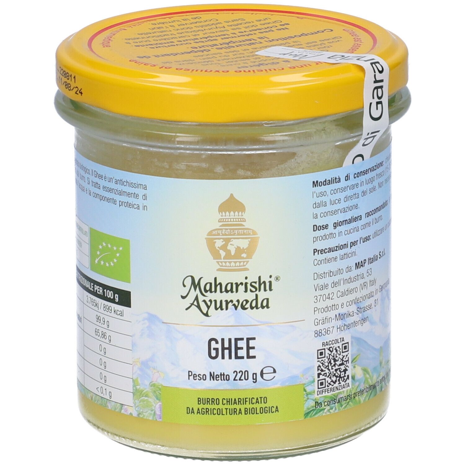 Vasetto di ghee. Grasso giallo, coperchio giallo. Scritte: Maharishi Ayurveda, Ghee, Peso Netto 220g. Sigillo biologico.
