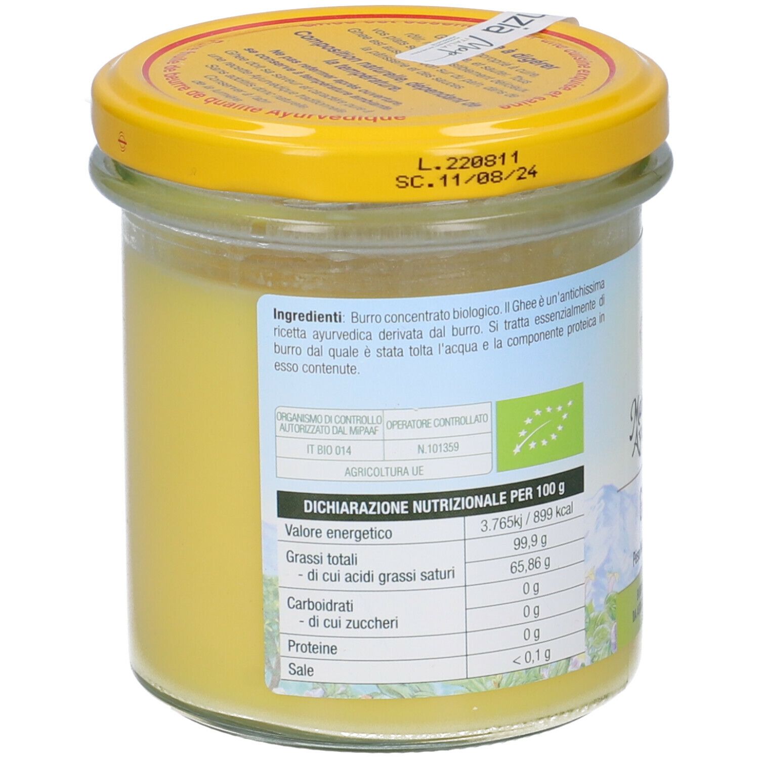 Vasetto di ghee. Grasso giallo, coperchio giallo. Scritte: Ingredienti, valori nutrizionali. Sigillo biologico. Vista posteriore.