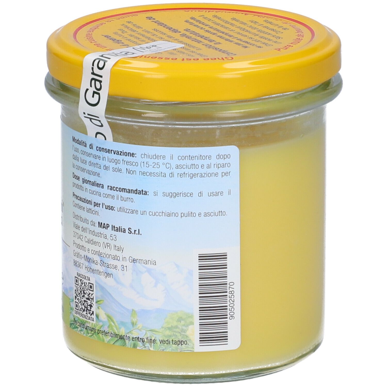 Vasetto di ghee. Grasso giallo, coperchio giallo. Scritte: Maharishi Ayurveda, Ghee. Etichetta con testo. Vista posteriore.