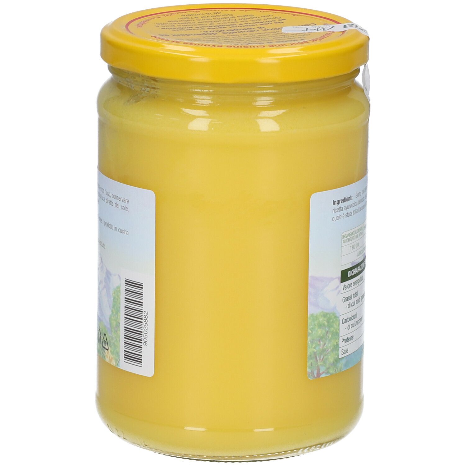 Vasetto di ghee di lato. Grasso giallo nel vasetto. Coperchio giallo. Etichetta con codice a barre.