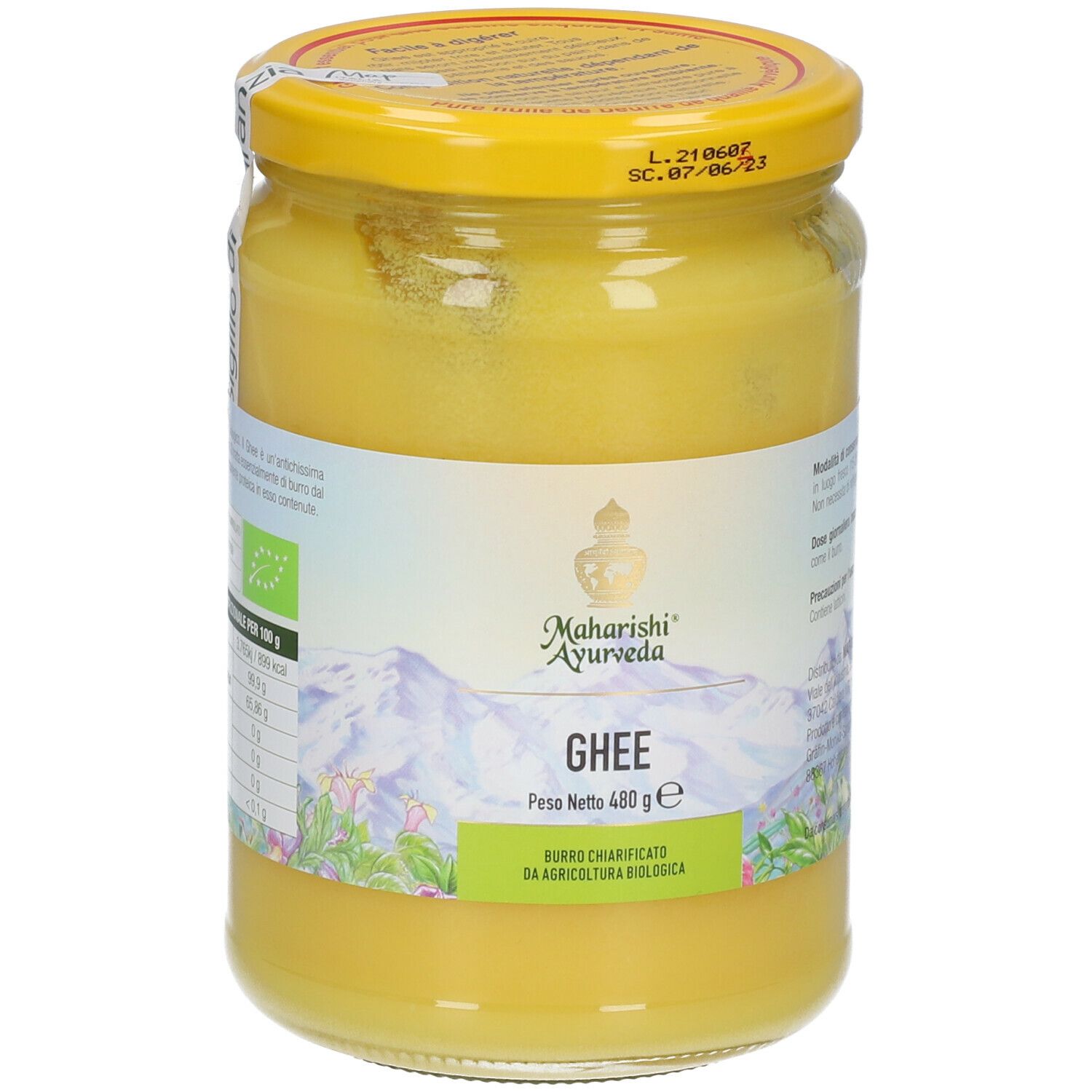 Vasetto di ghee. Grasso giallo, coperchio giallo. Scritte: Maharishi Ayurveda, Ghee, 480 g. Sigillo biologico.