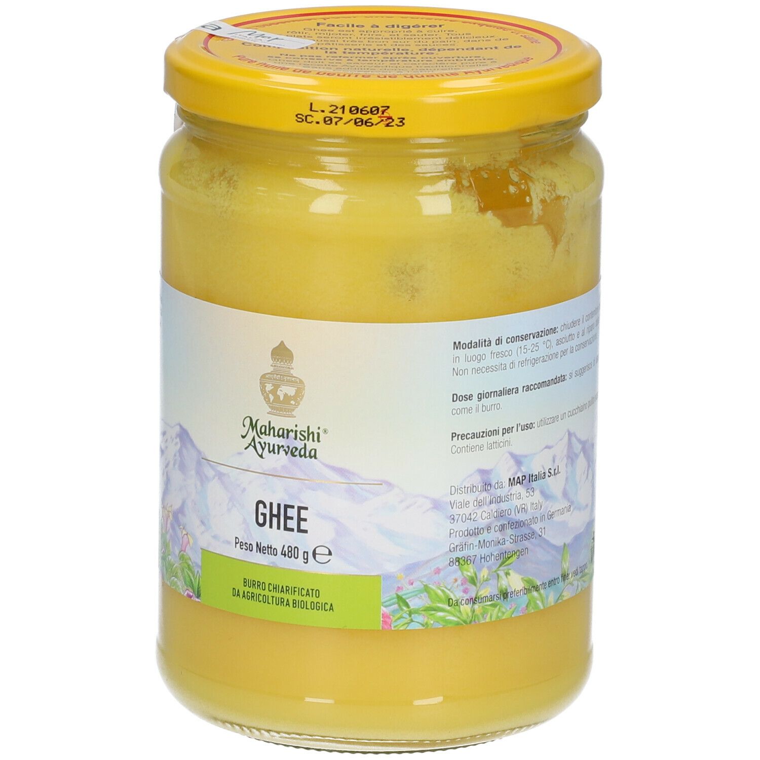 Vasetto di ghee. Grasso giallo, coperchio giallo. Scritte: Maharishi Ayurveda, Ghee, 480 g. Sigillo biologico.