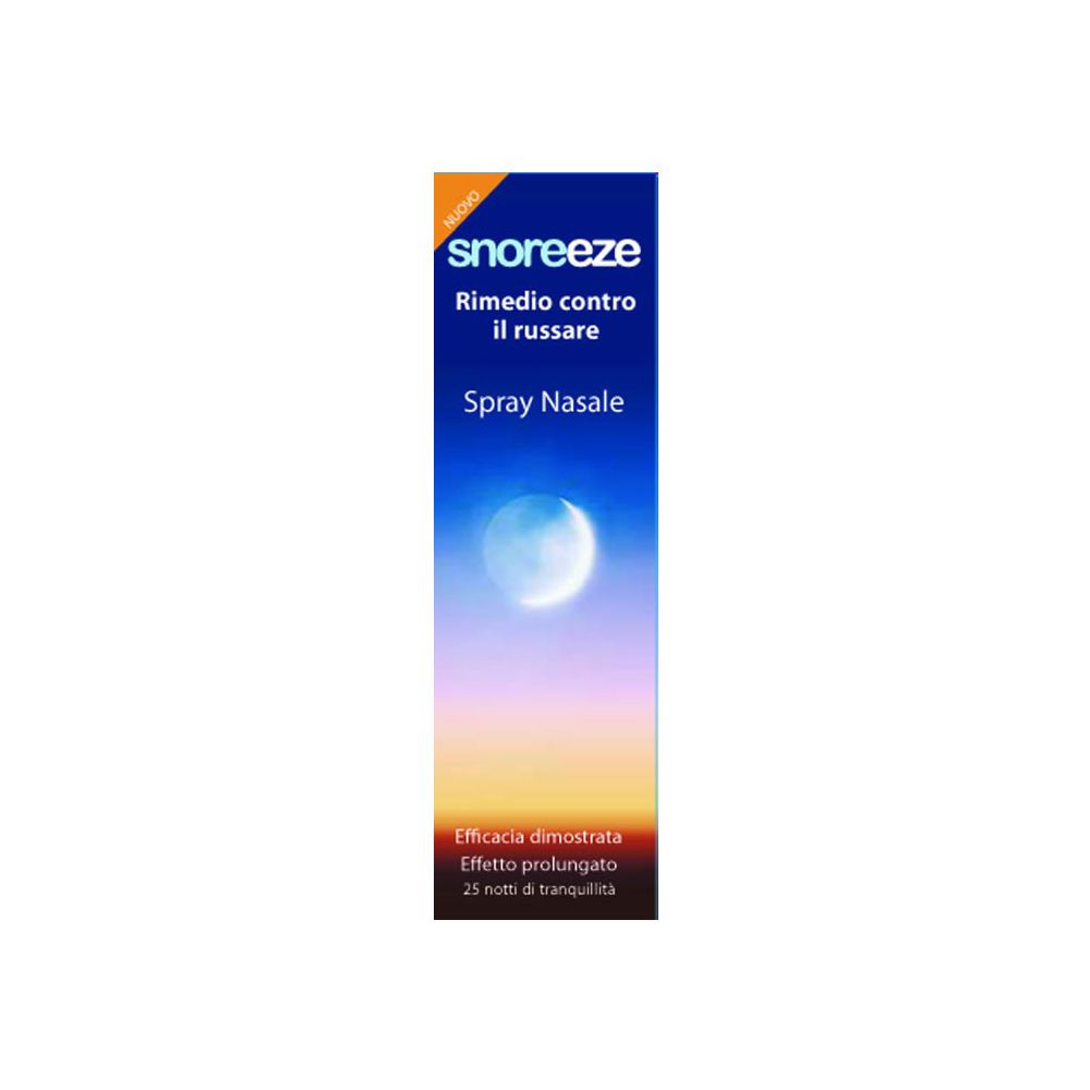 Confezione spray nasale con nome del prodotto e design lunare. Testo: 'Rimedio contro il russare'.