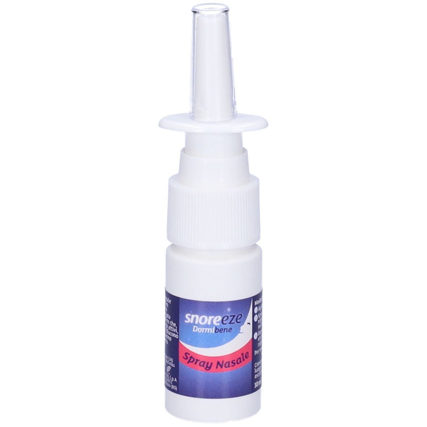 Flacone spray nasale bianco con erogatore. Nome del prodotto e logo sull'etichetta.