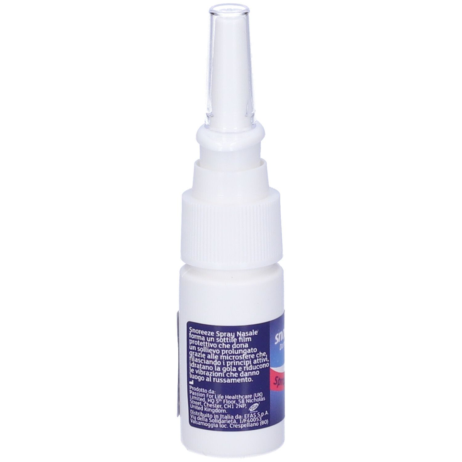 Flacone spray nasale bianco con erogatore. Retro con informazioni sul prodotto e logo.