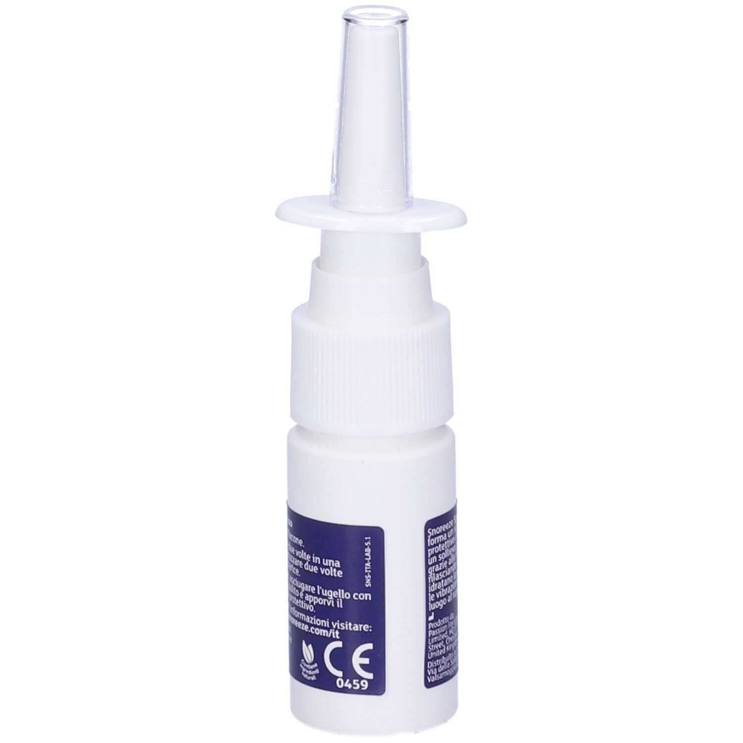 Flacone spray nasale bianco con erogatore. Dettaglio con logo e certificazione.