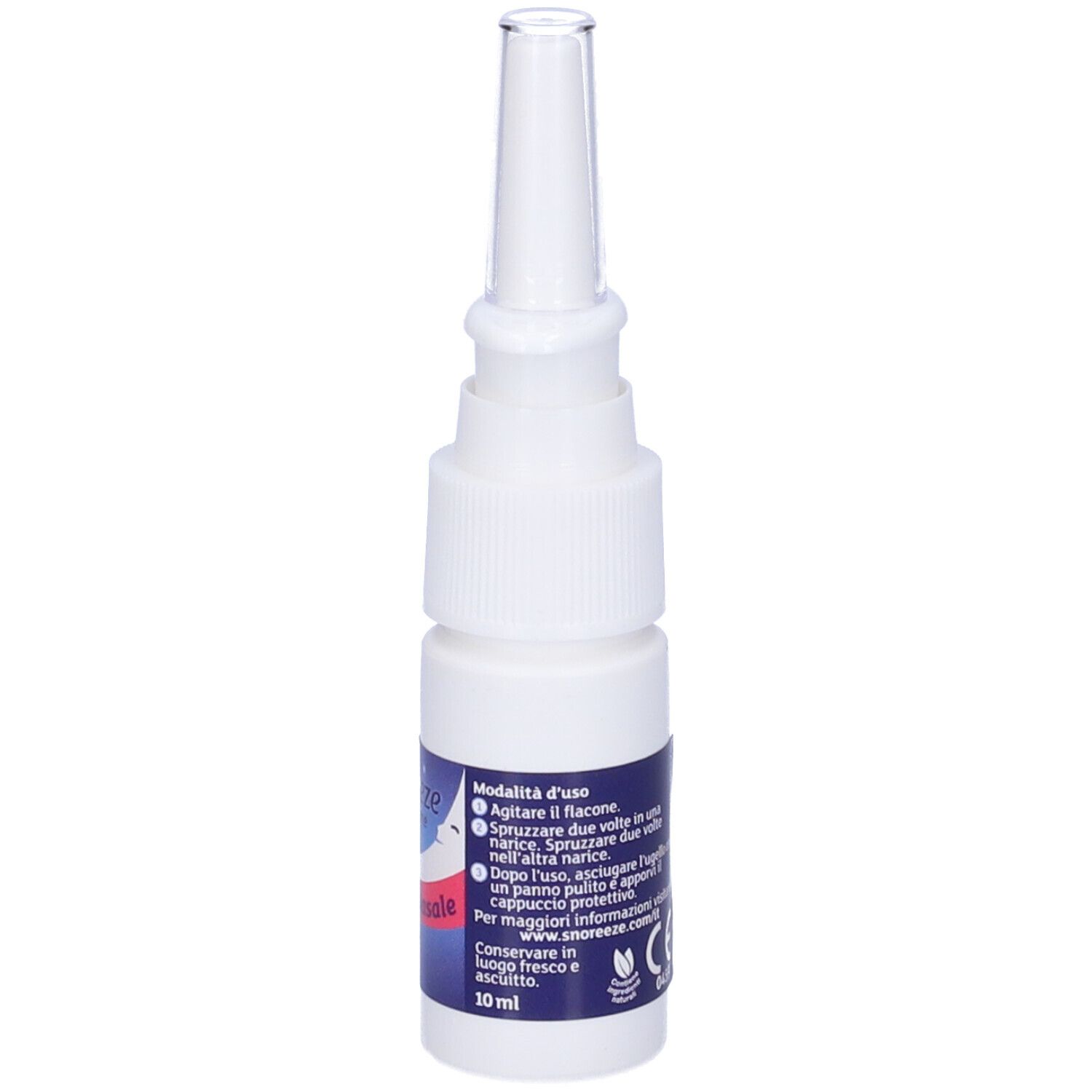 Flacone spray nasale bianco con erogatore. Dettaglio con istruzioni per l'uso.