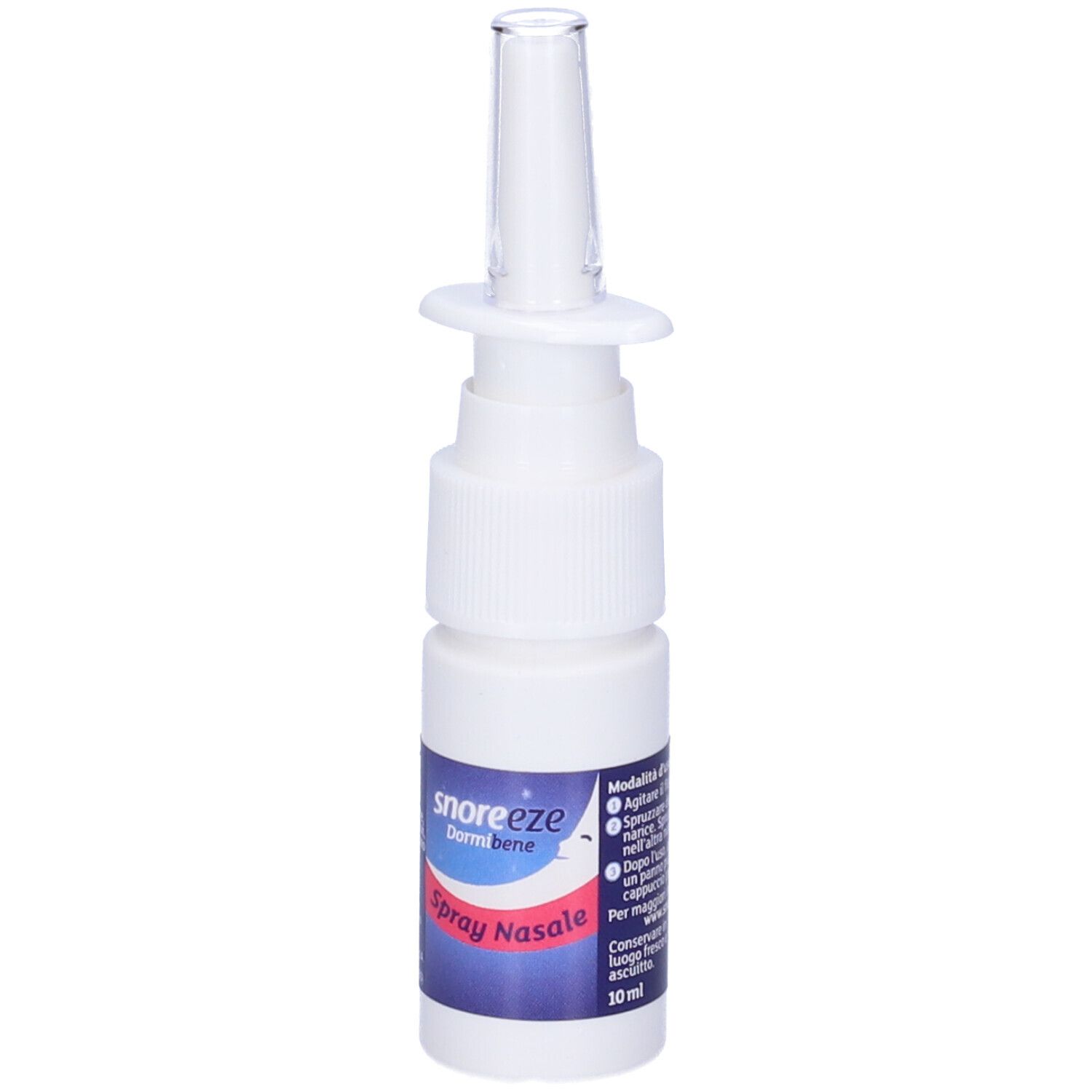 Flacone spray nasale bianco con erogatore. Nome del prodotto e logo sull'etichetta.