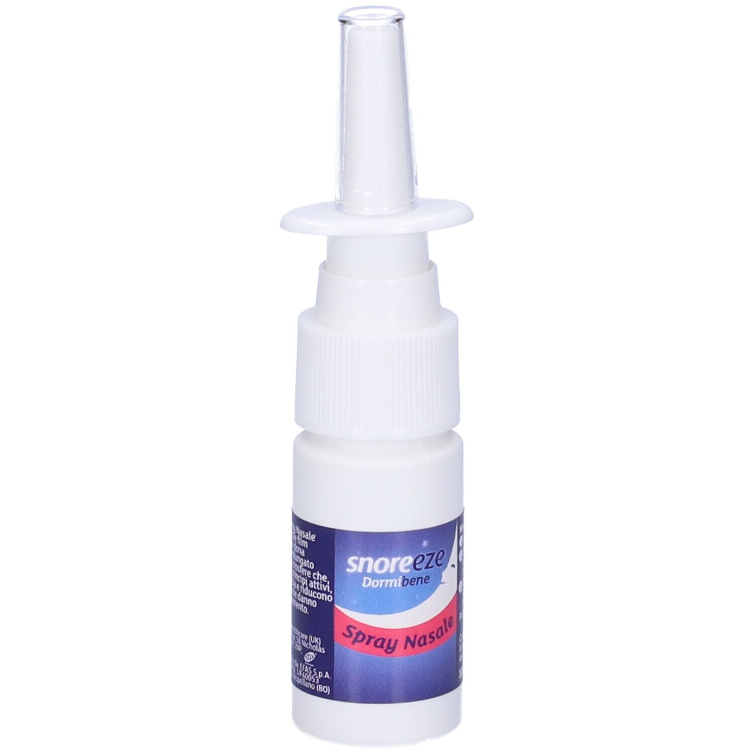 Flacone spray nasale bianco con erogatore. Nome del prodotto e logo sull'etichetta.