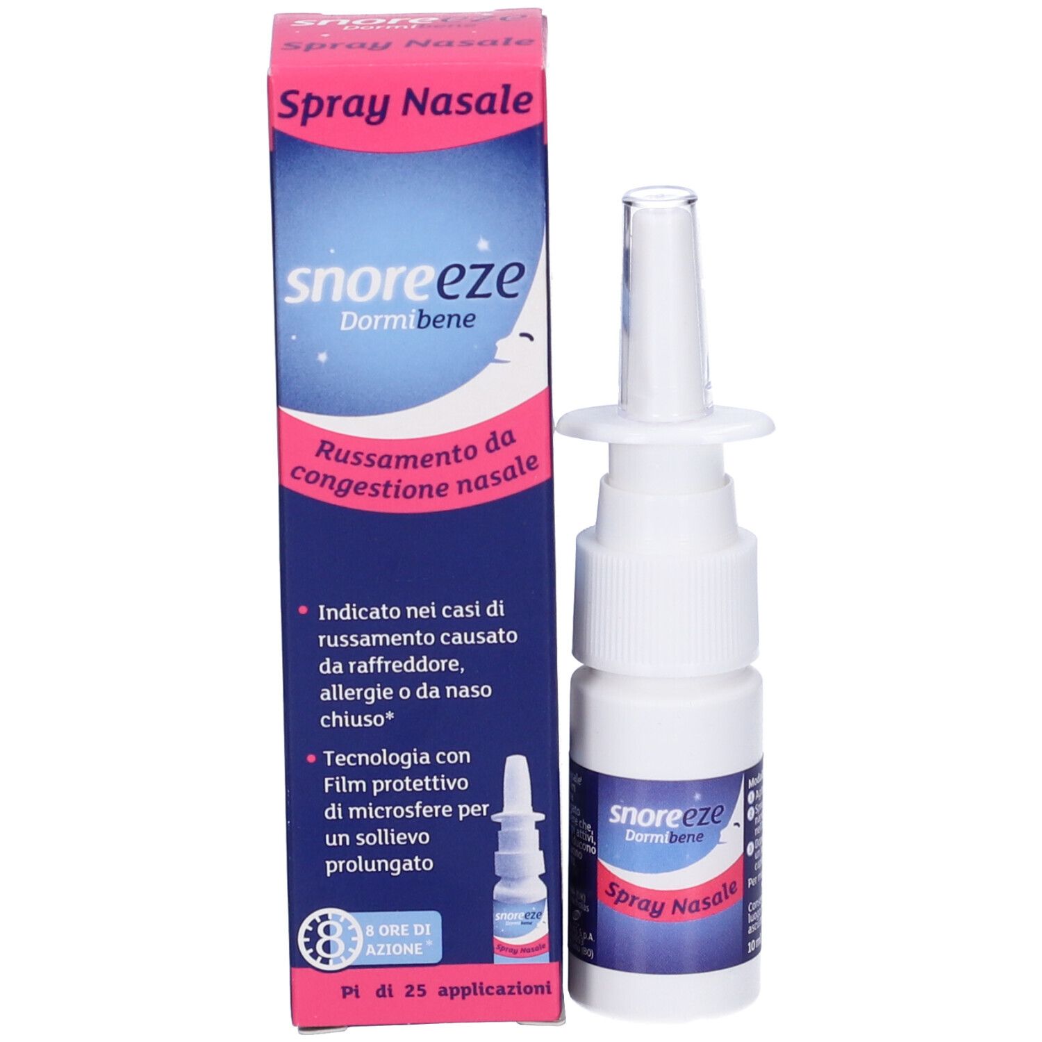Confezione del prodotto con spray nasale e flacone. Testo: 'Russo da congestione nasale'.