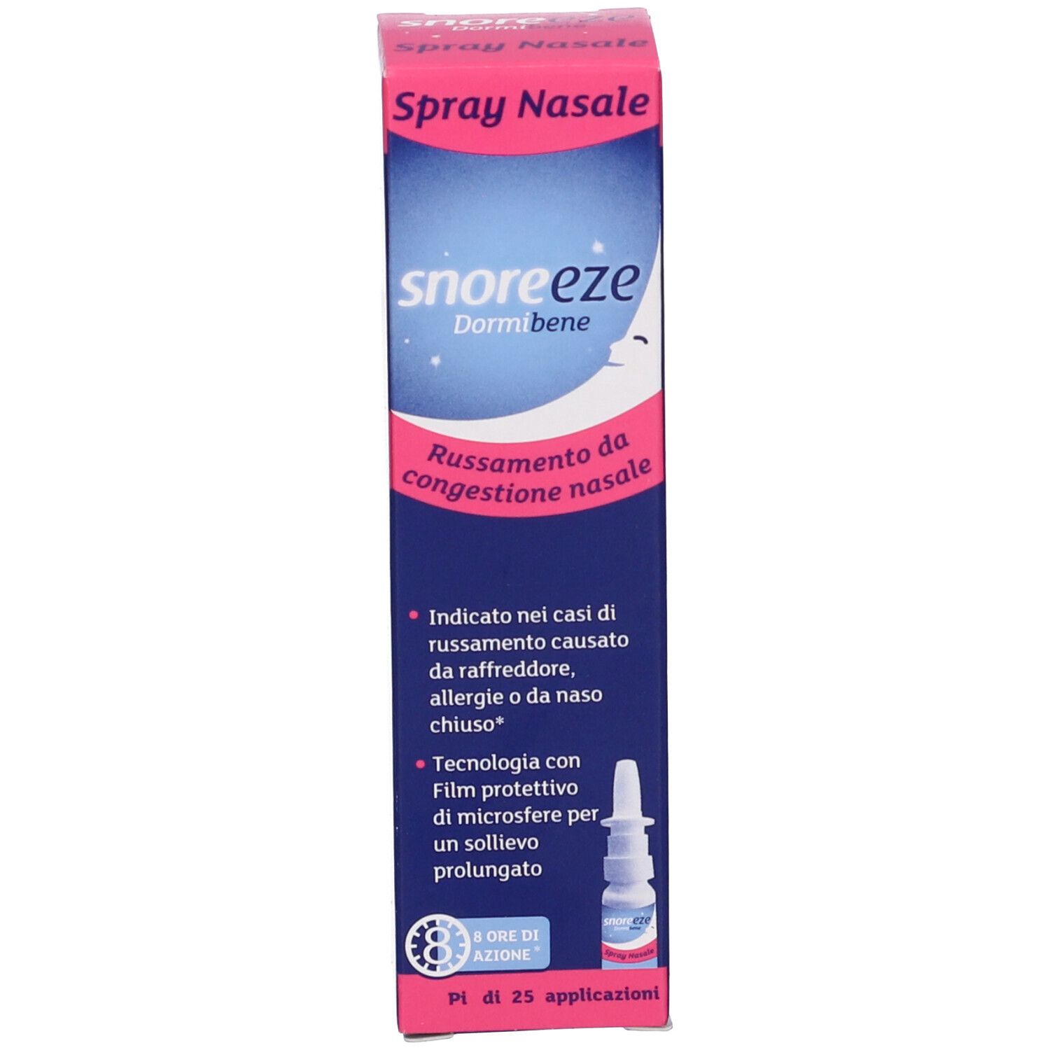 Confezione del prodotto con spray nasale e flacone. Testo: 'Russo da congestione nasale'.