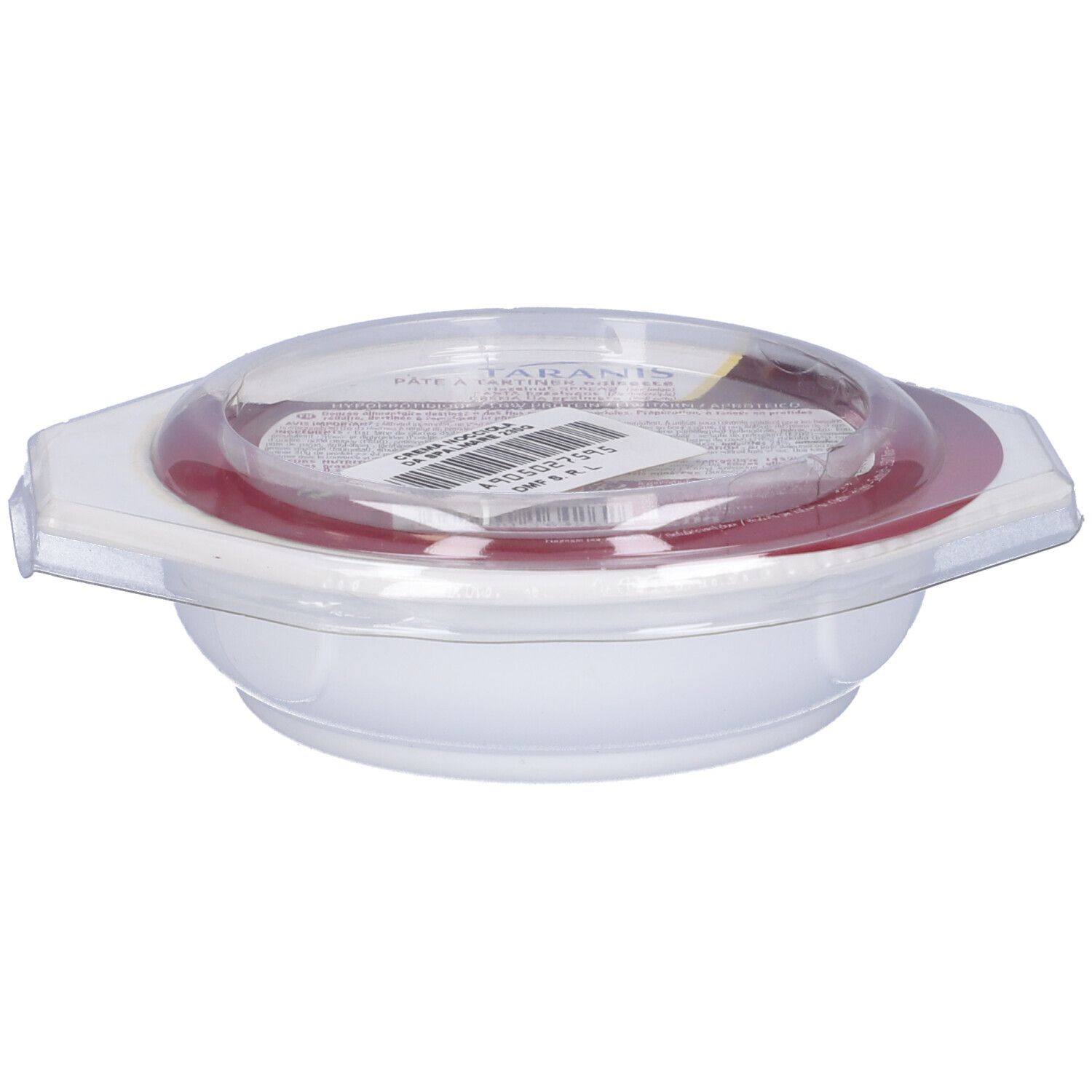 Contenitore bianco con coperchio rosso e coperchio trasparente. Etichetta del prodotto con testo. Scritta: Taranis.