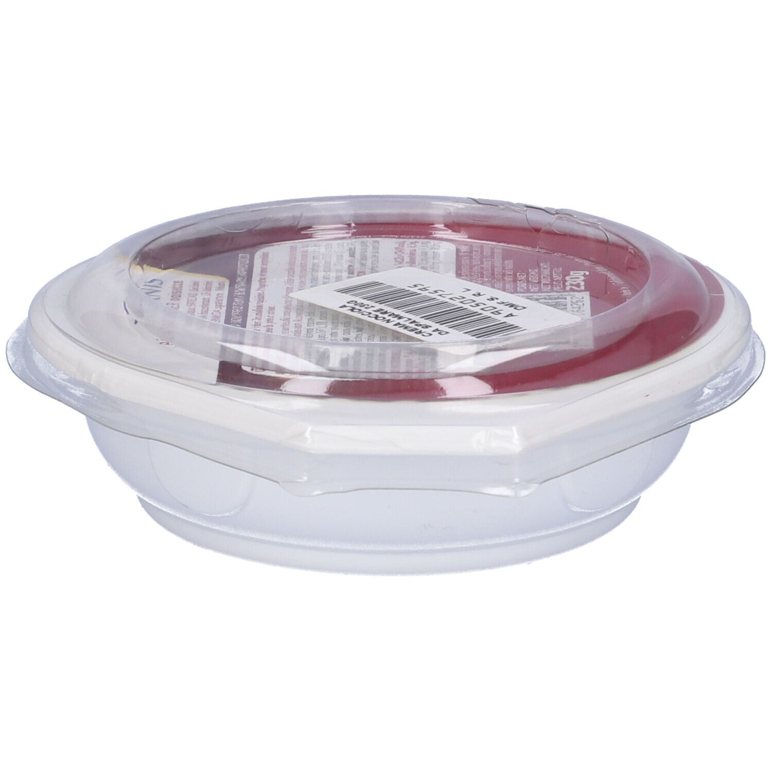 Contenitore bianco con coperchio rosso e coperchio trasparente. Etichetta del prodotto con testo. Scritta: Taranis.