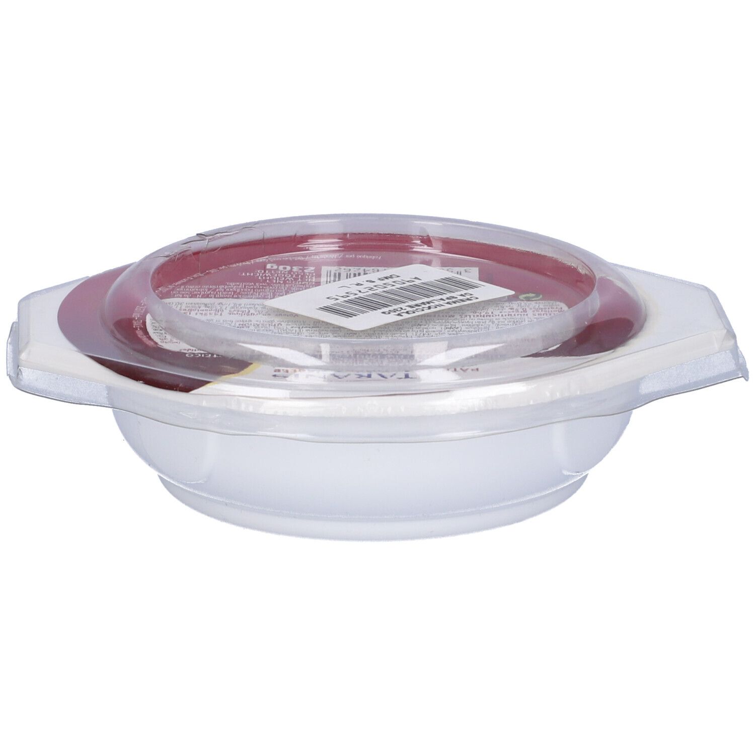Contenitore bianco con coperchio rosso e coperchio trasparente. Etichetta del prodotto con testo. Scritta: Taranis.