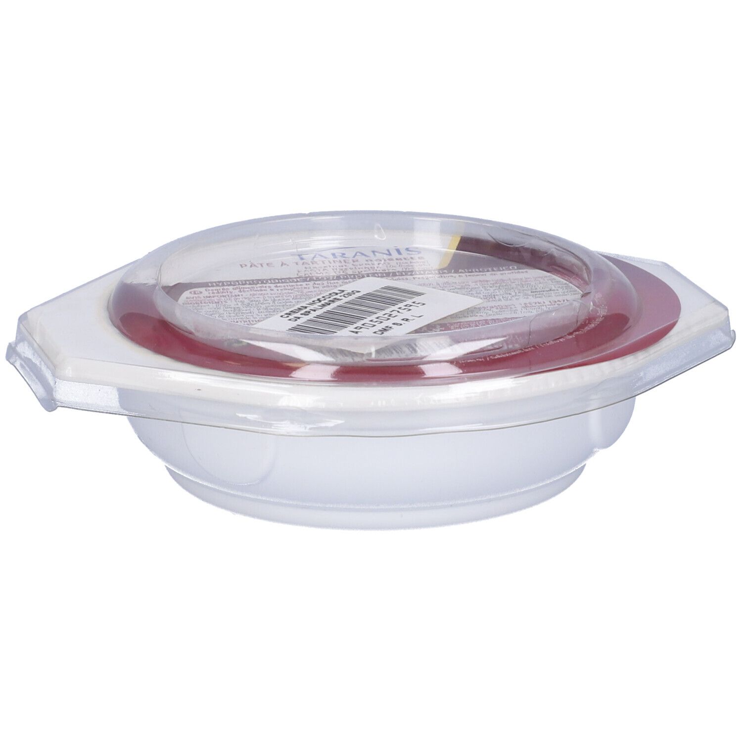 Contenitore bianco con coperchio rosso e coperchio trasparente. Etichetta del prodotto con testo. Scritta: Taranis.