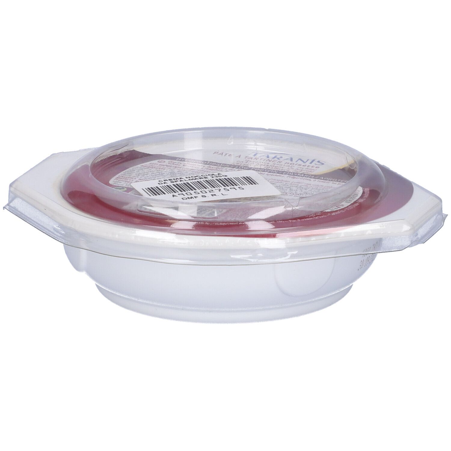 Contenitore bianco con coperchio rosso e coperchio trasparente. Etichetta del prodotto con testo. Scritta: Taranis.