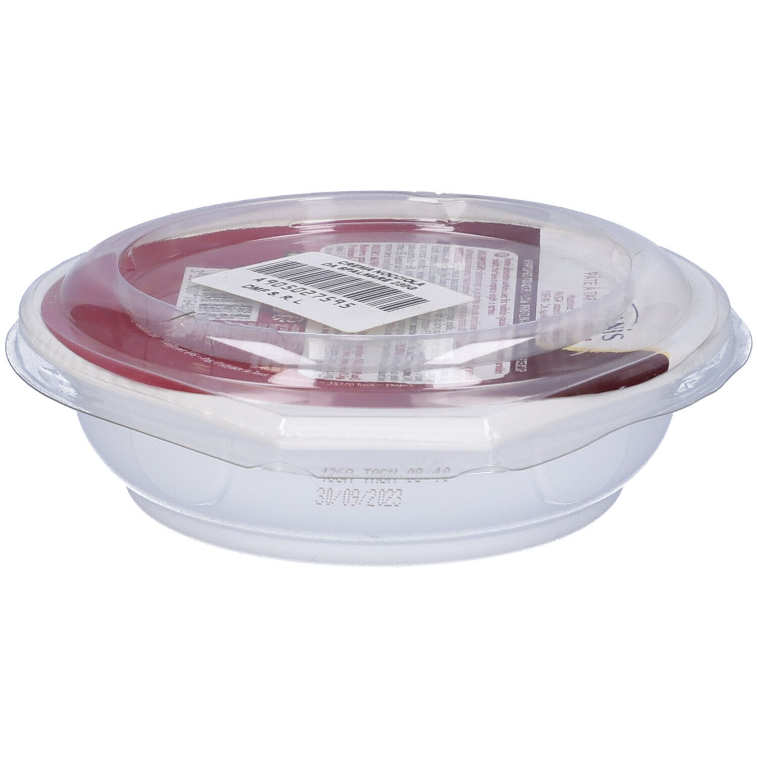 Contenitore bianco con coperchio rosso e coperchio trasparente. Etichetta del prodotto con testo. Scritta: Taranis.