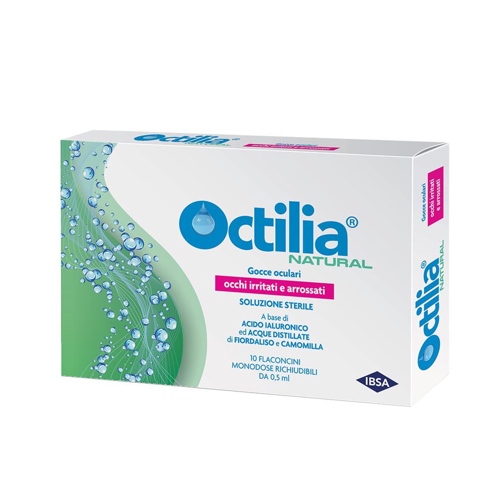 Confezione di Octilia® collirio. Contiene 10 contenitori monodose. Scritta: occhi irritati e arrossati.