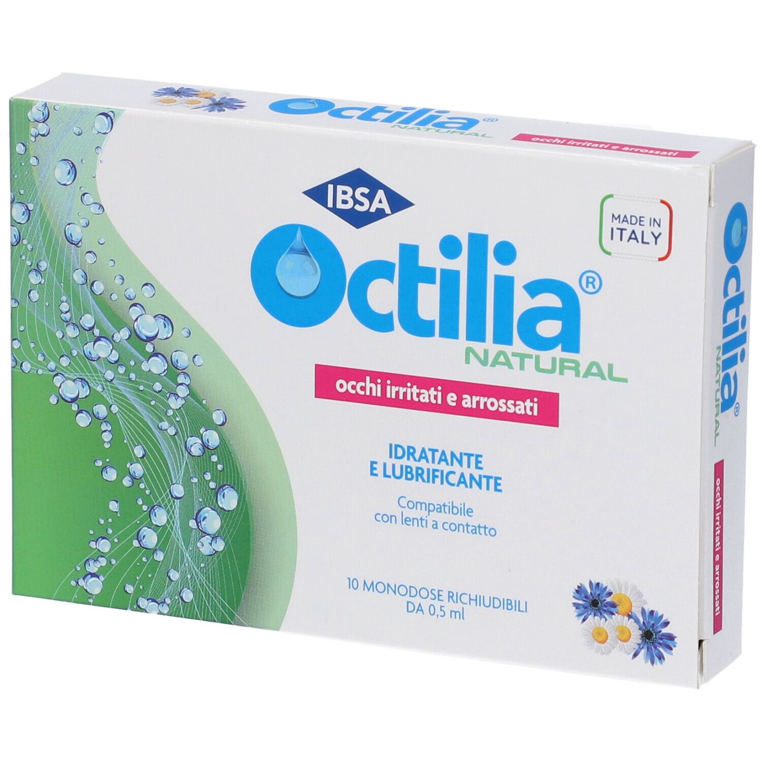 Confezione di Octilia® collirio. Contiene 10 contenitori monodose. Scritta: occhi irritati e arrossati.