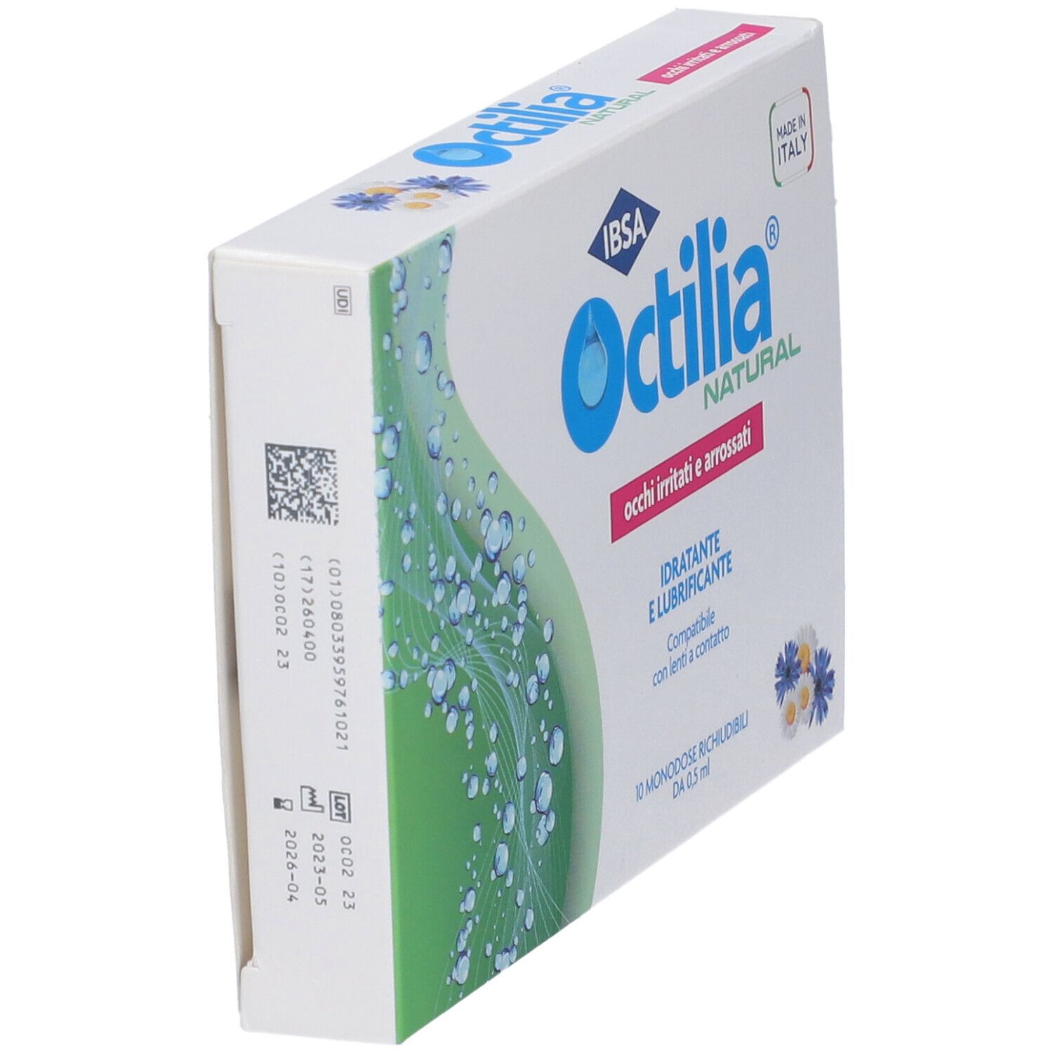 Confezione di Octilia® collirio. Vista laterale. Scritta: occhi irritati e arrossati.