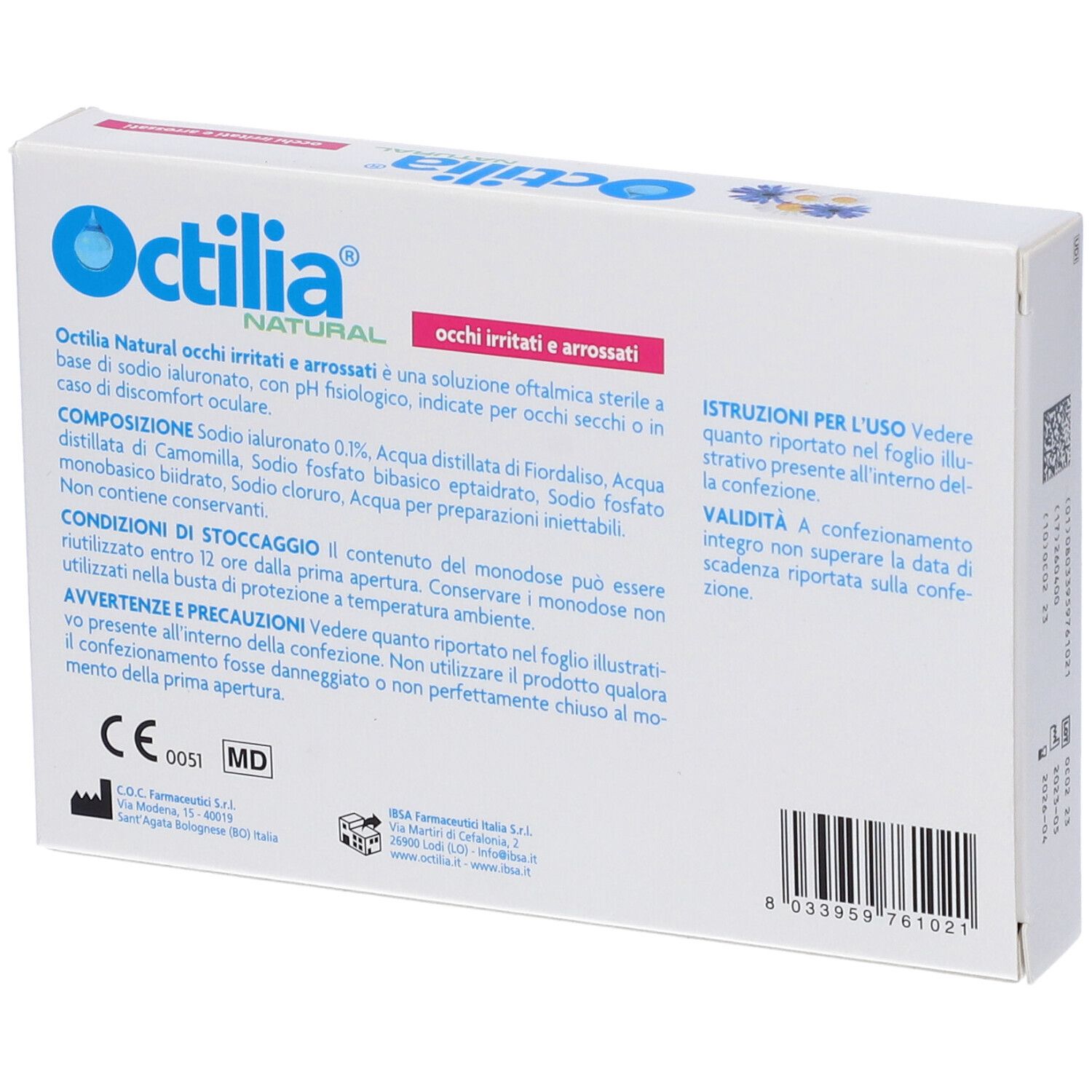 Retro della confezione di Octilia® collirio. Informazioni testuali e codice a barre.