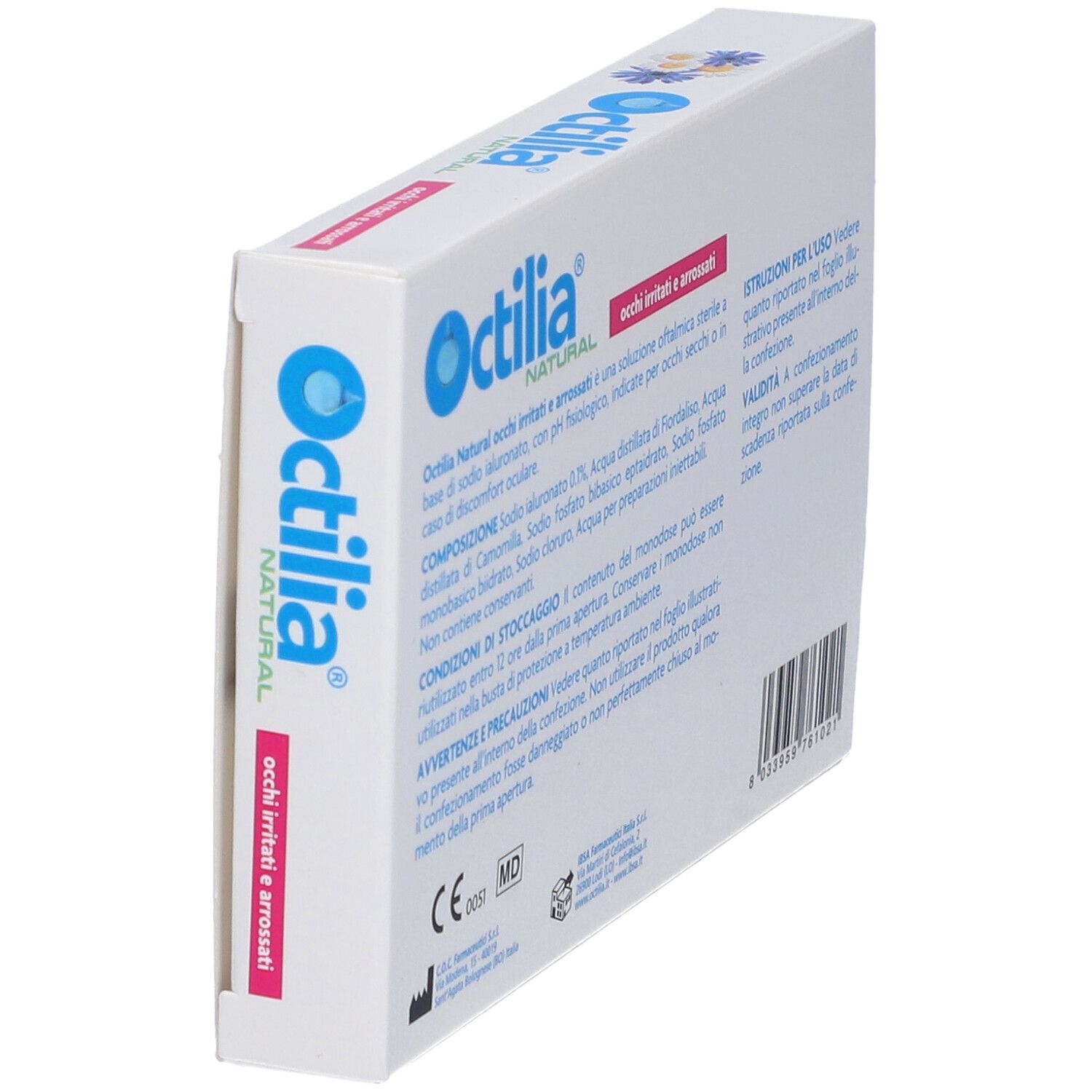 Retro della confezione di Octilia® collirio. Informazioni testuali e codice a barre.