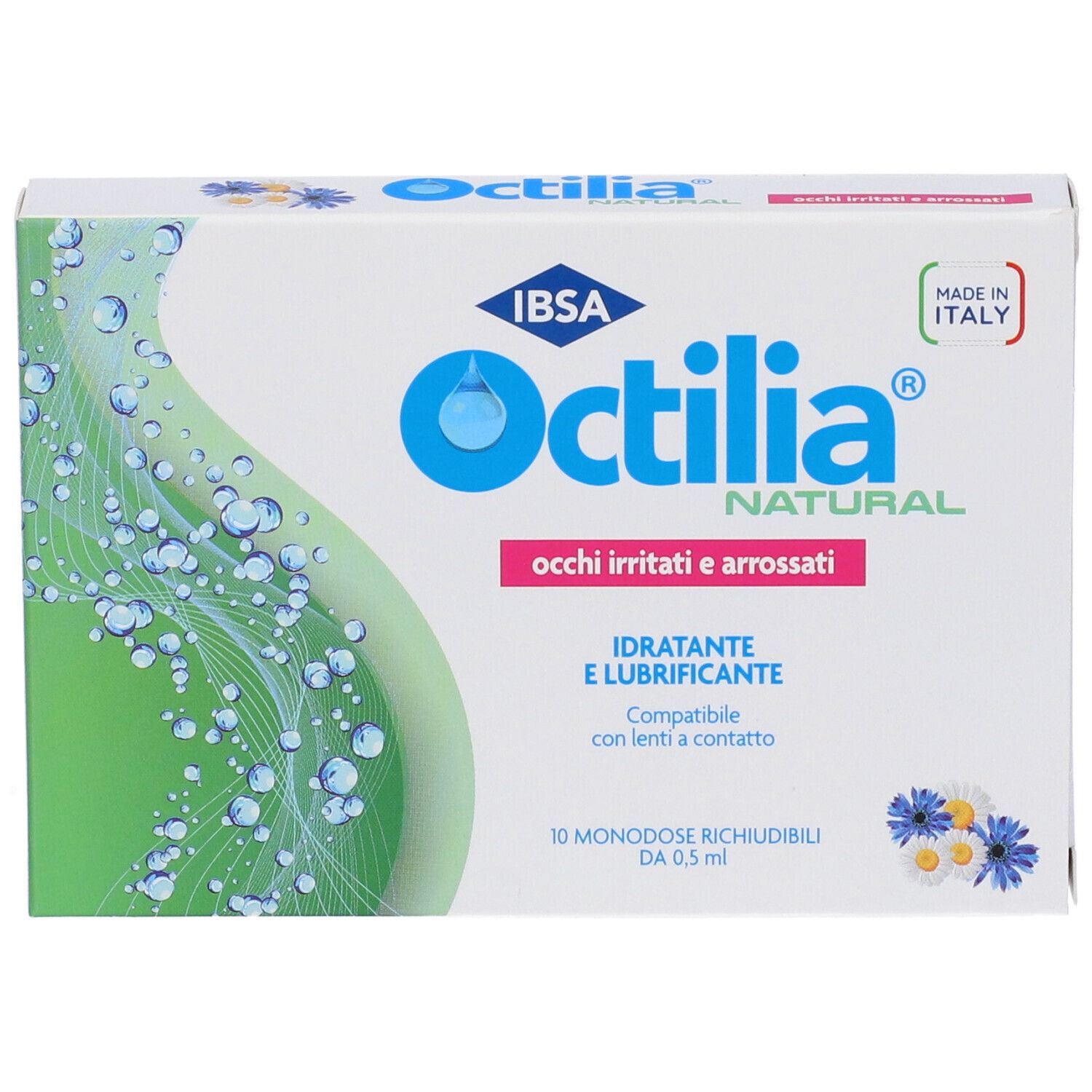 Confezione di Octilia® collirio. Scritta: occhi irritati e arrossati. Prodotto in Italia.