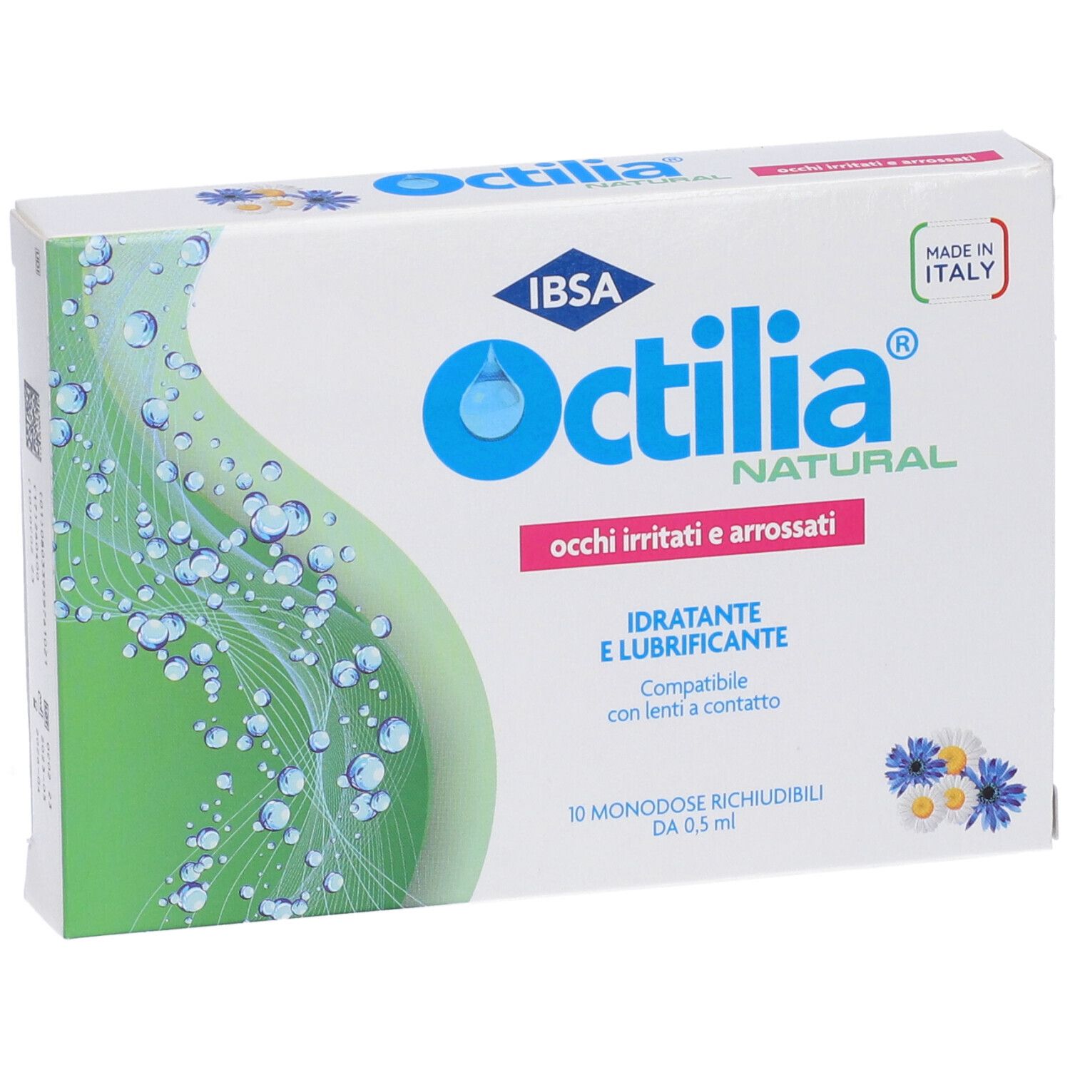 Confezione di Octilia® collirio. Scritta: occhi irritati e arrossati. Prodotto in Italia.